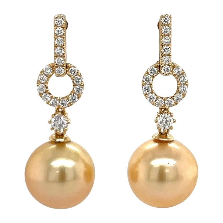 Tahitian Pearl Diamond Drop Earrings 0.61 Carat 18 Karat Yellow Gold 11-12MM For Sale 1