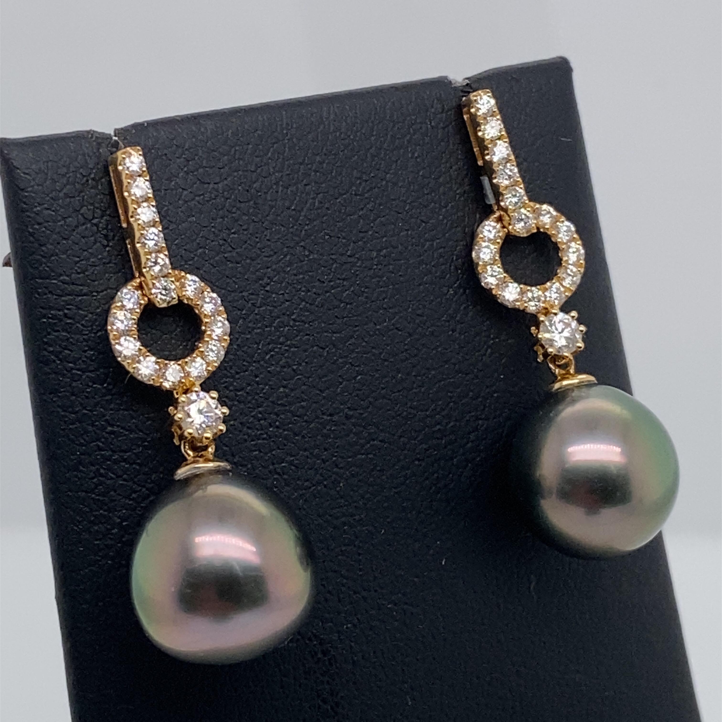 Contemporary Tahitian Pearl Diamond Drop Earrings 0.61 Carat 18 Karat Yellow Gold 11-12MM For Sale