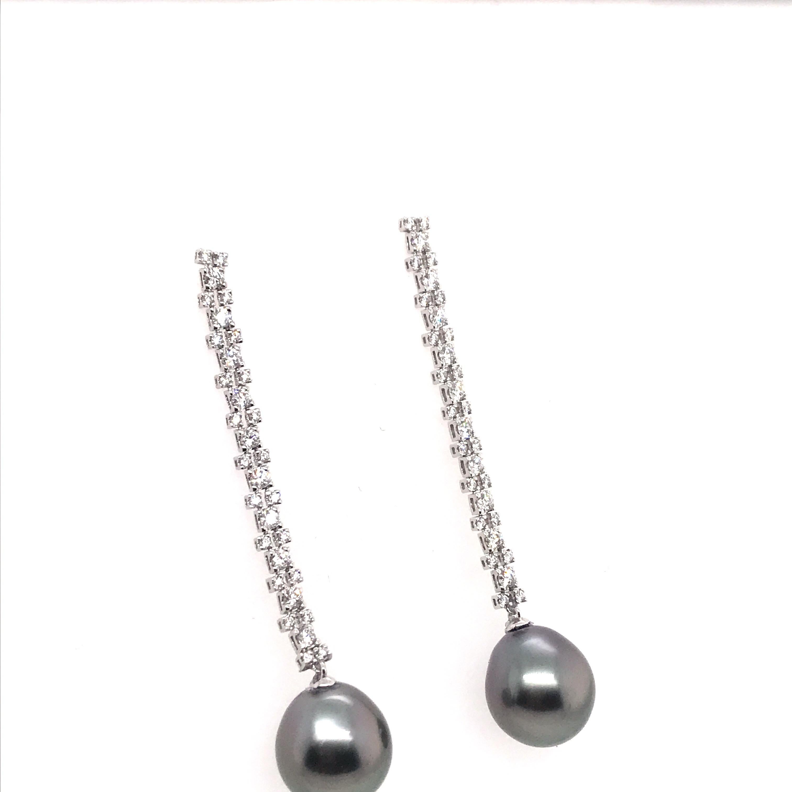 Contemporary Tahitian Pearl Diamond Drop Earrings 1.08 Carat 18 Karat White Gold For Sale