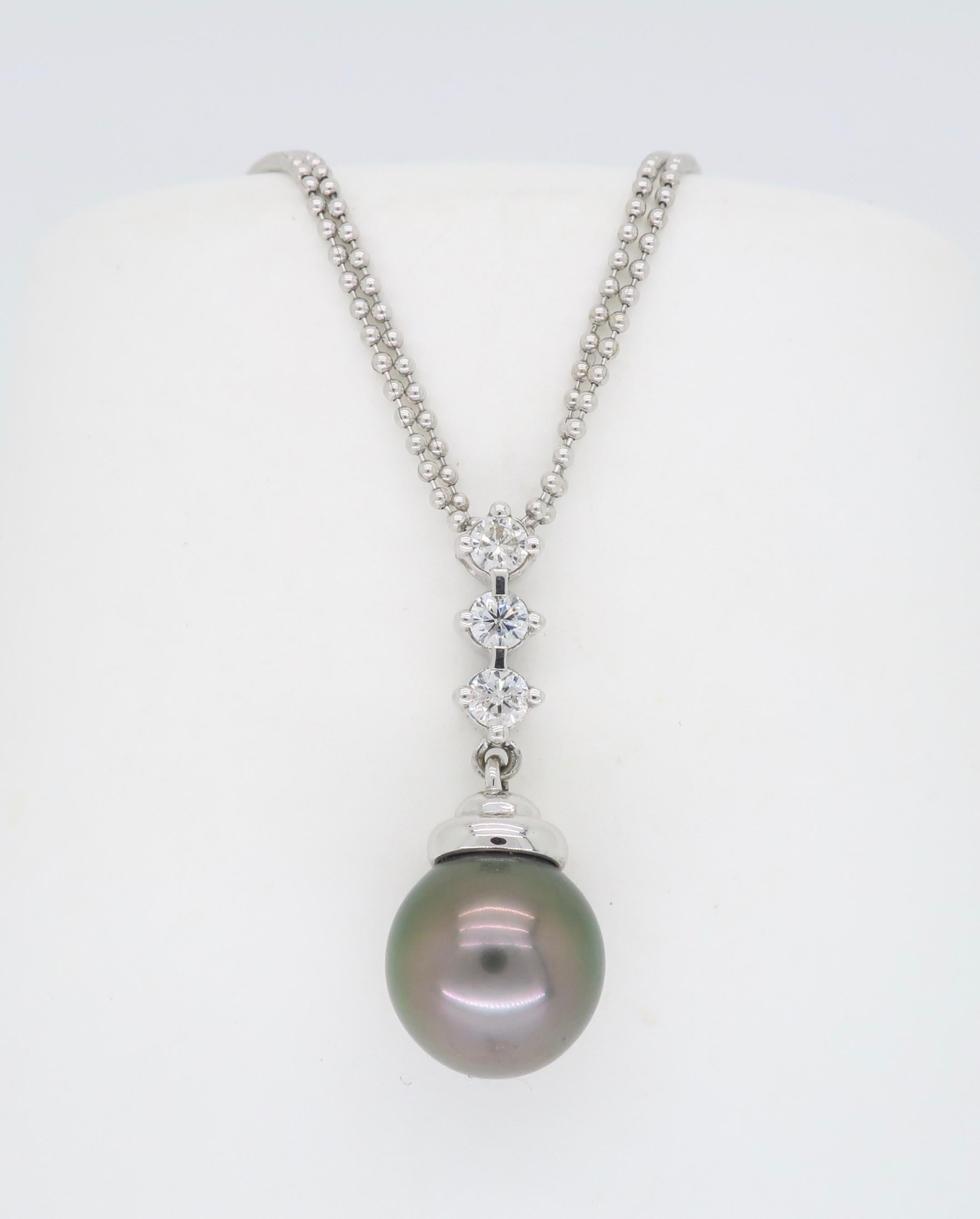 Women's or Men's Tahitian Pearl and Diamond Drop Pendant Necklace