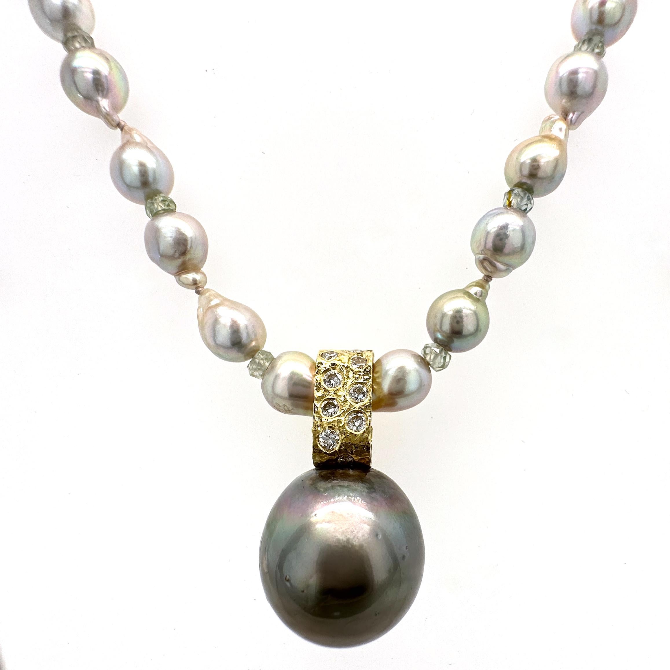 This extraordinary one-of-a-kind pendant by Eytan Brandes shows off a large baroque Tahitian pearl with a clip-on enhancer bale, perfect for pairing with a nice pearl strand.  In fact, we are offering it with just such a nice pearl strand: an 18