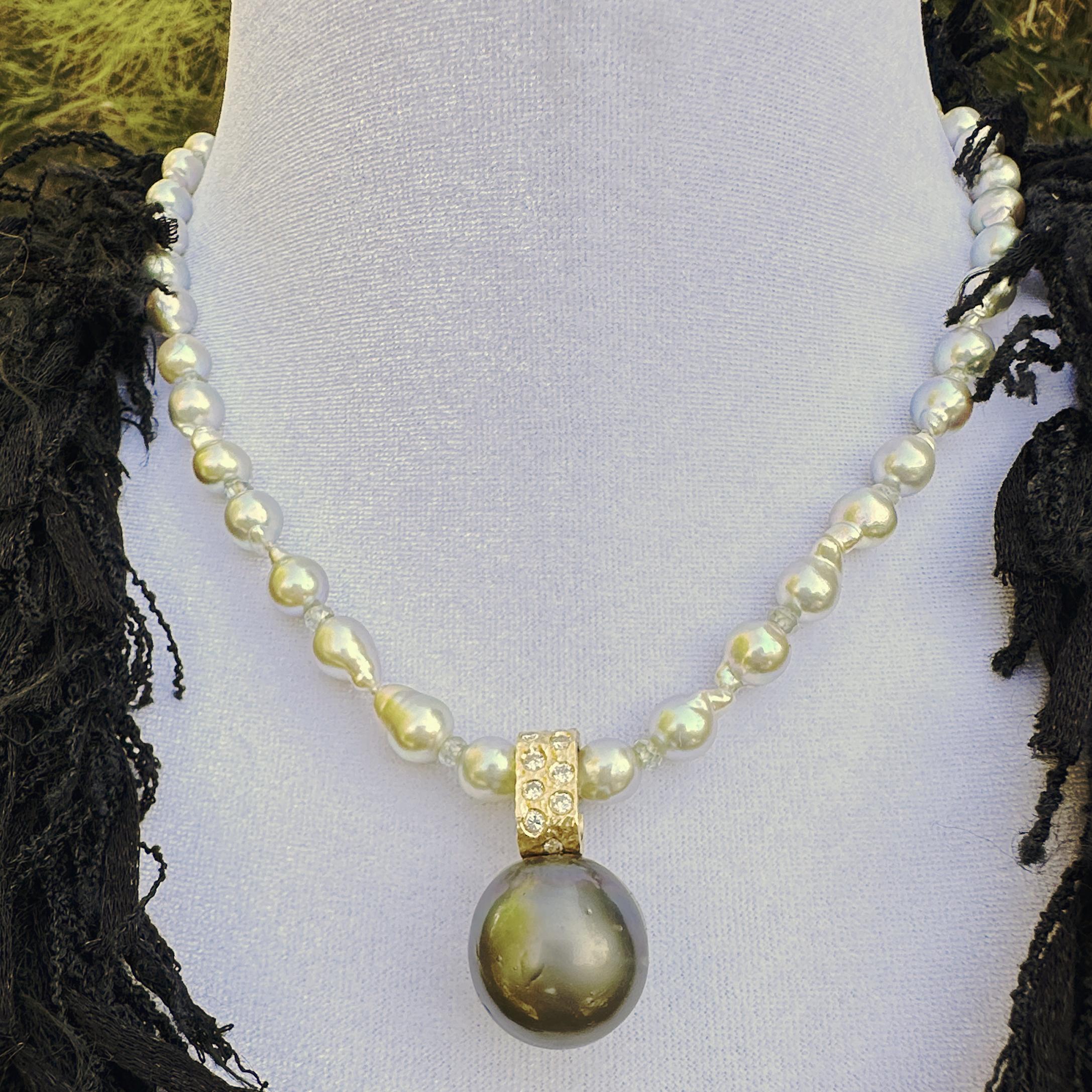 Contemporary Tahitian Pearl & Diamond Enhancer in 18K Gold with 18