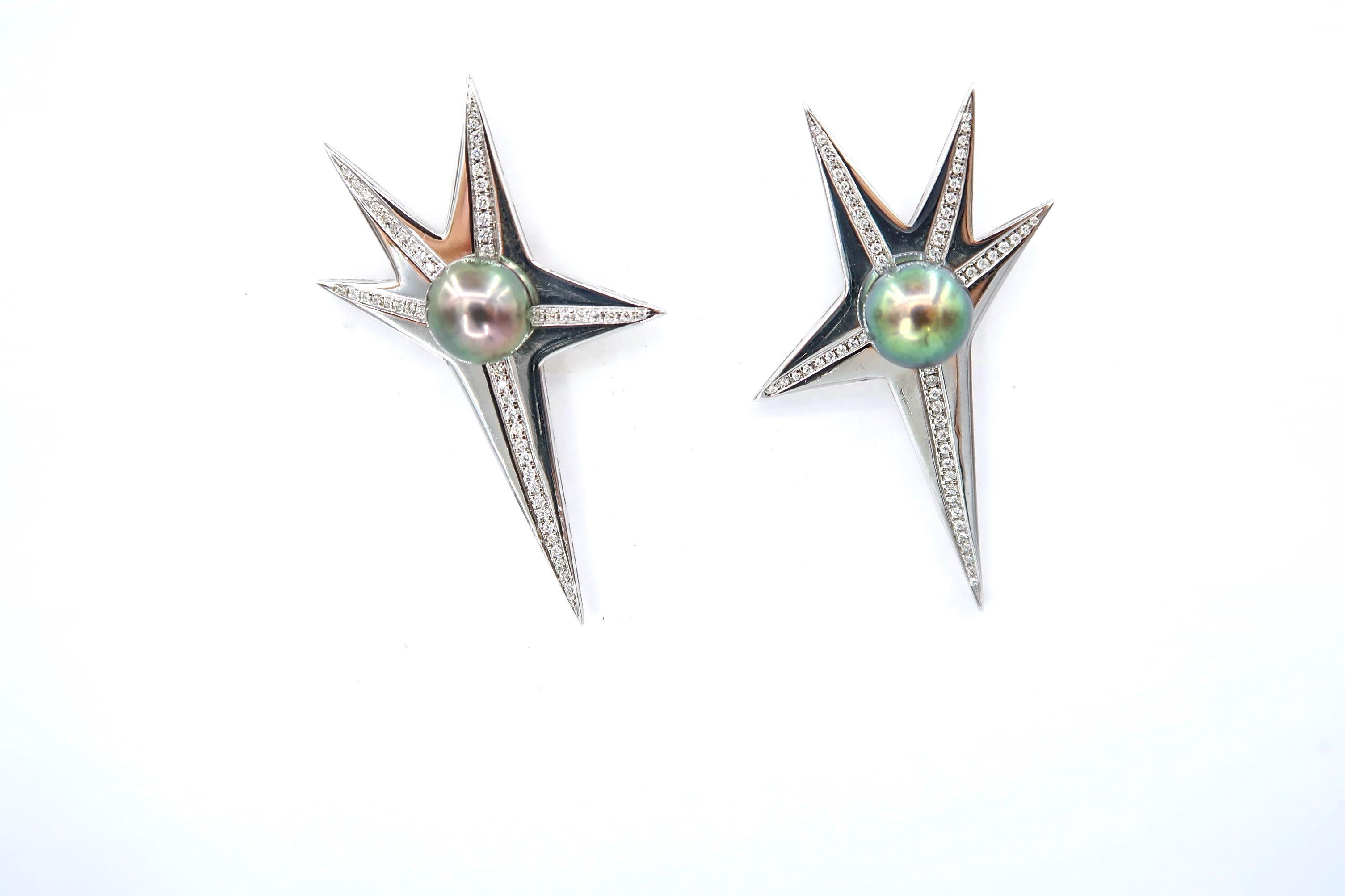 Women's or Men's Tahitian Pearl Diamond Flare 18 Karat White Gold Pierced Earrings For Sale