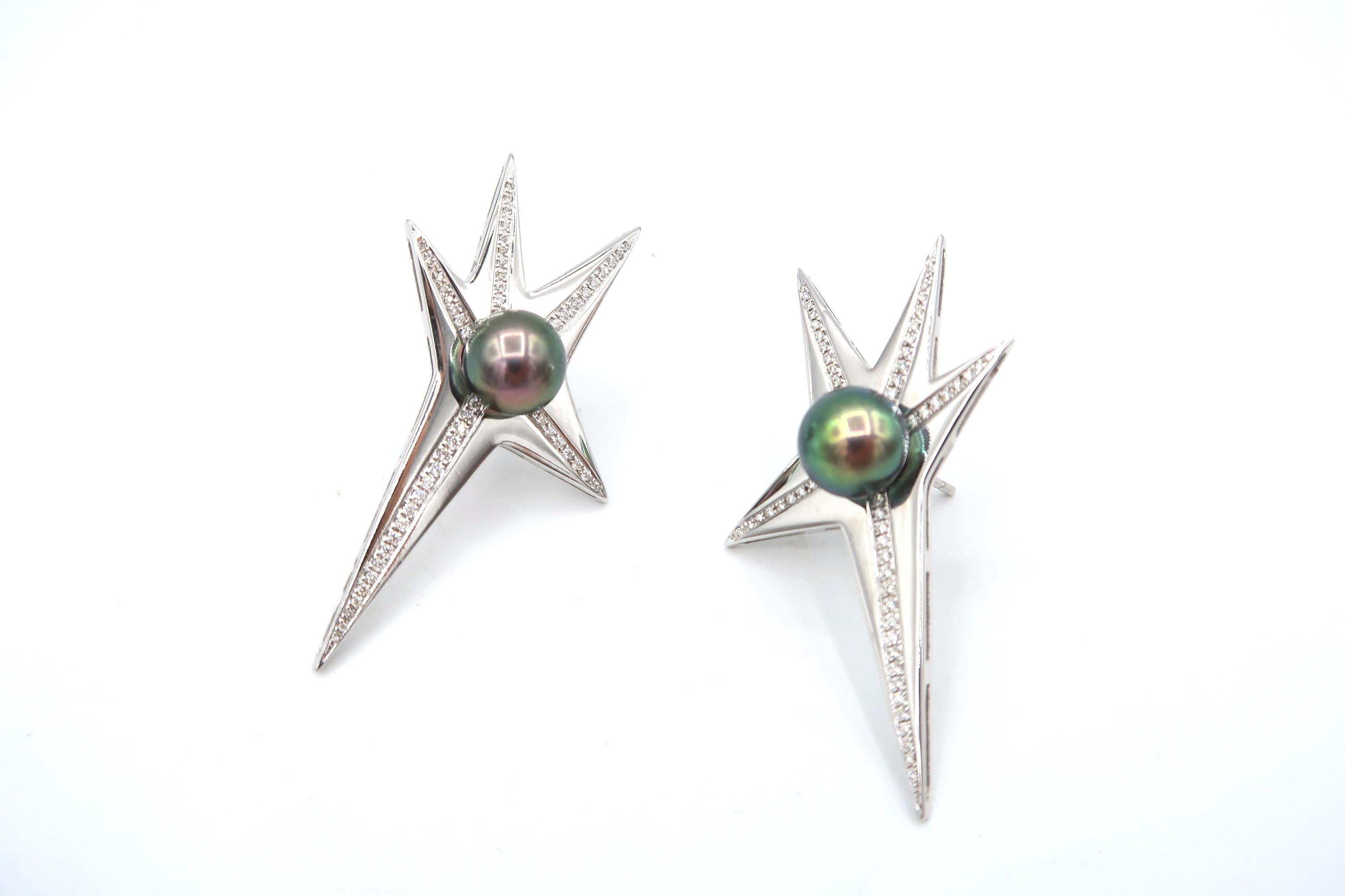 Tahitian Pearl Diamond Flare 18 Karat White Gold Pierced Earrings For Sale 1