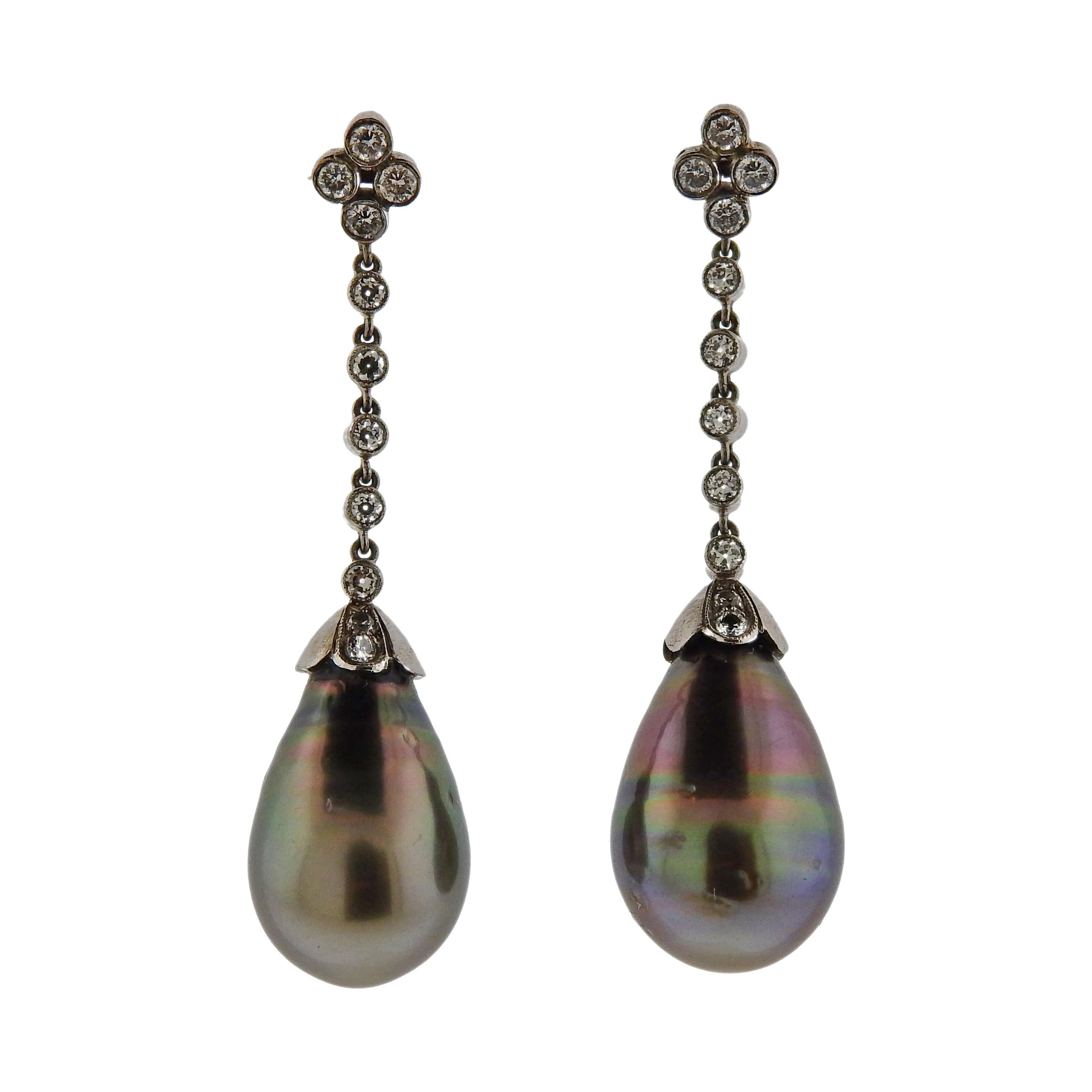 Tahitian Pearl Diamond Gold Drop Earrings For Sale