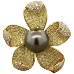 Tahitian Pearl Diamond Gold Flower Ring