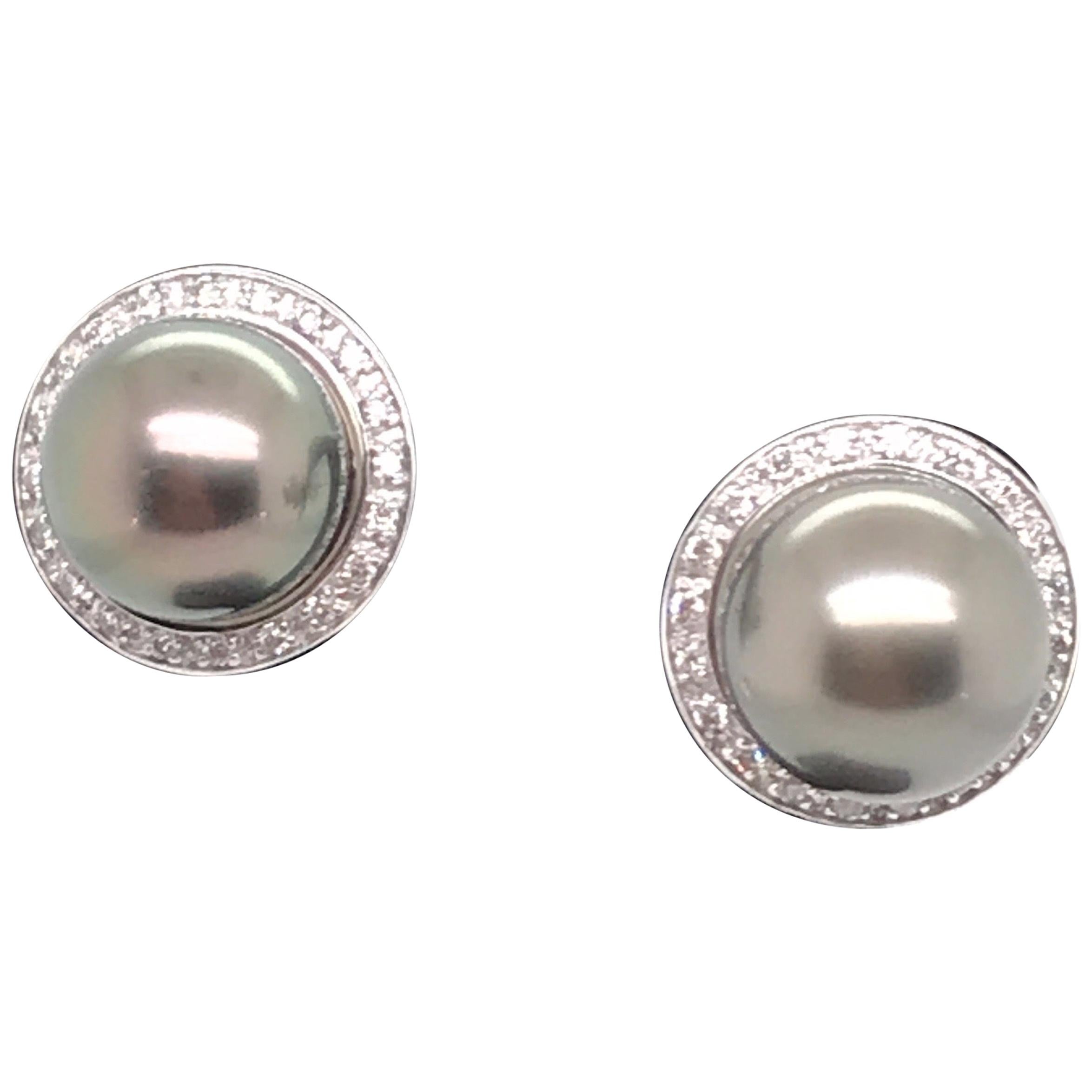 Tahitian Pearl Diamond Halo Stud Earrings 14 Karat White Gold 0.10 Carat For Sale