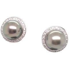 Tahitian Pearl Diamond Halo Stud Earrings 14 Karat White Gold 0.10 Carat