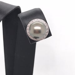 Tahitian Pearl Diamond Halo Stud Earrings 14 Karat White Gold 0.10 Carat