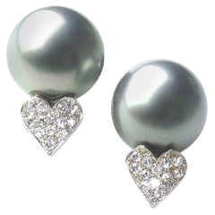 Tahitian Pearl, Diamond Heart and 14 Karat White Gold Earrings, Circa 1990