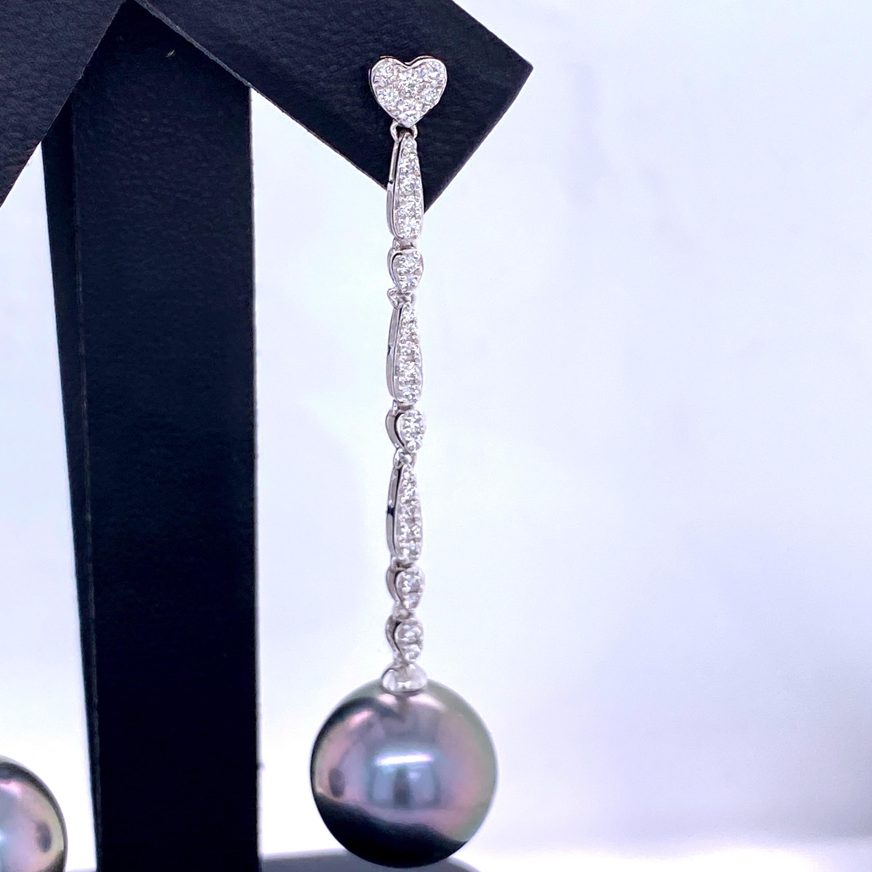 Contemporary Tahitian Pearl Diamond Heart Drop Earrings 0.47 Carat 18 Karat White Gold For Sale