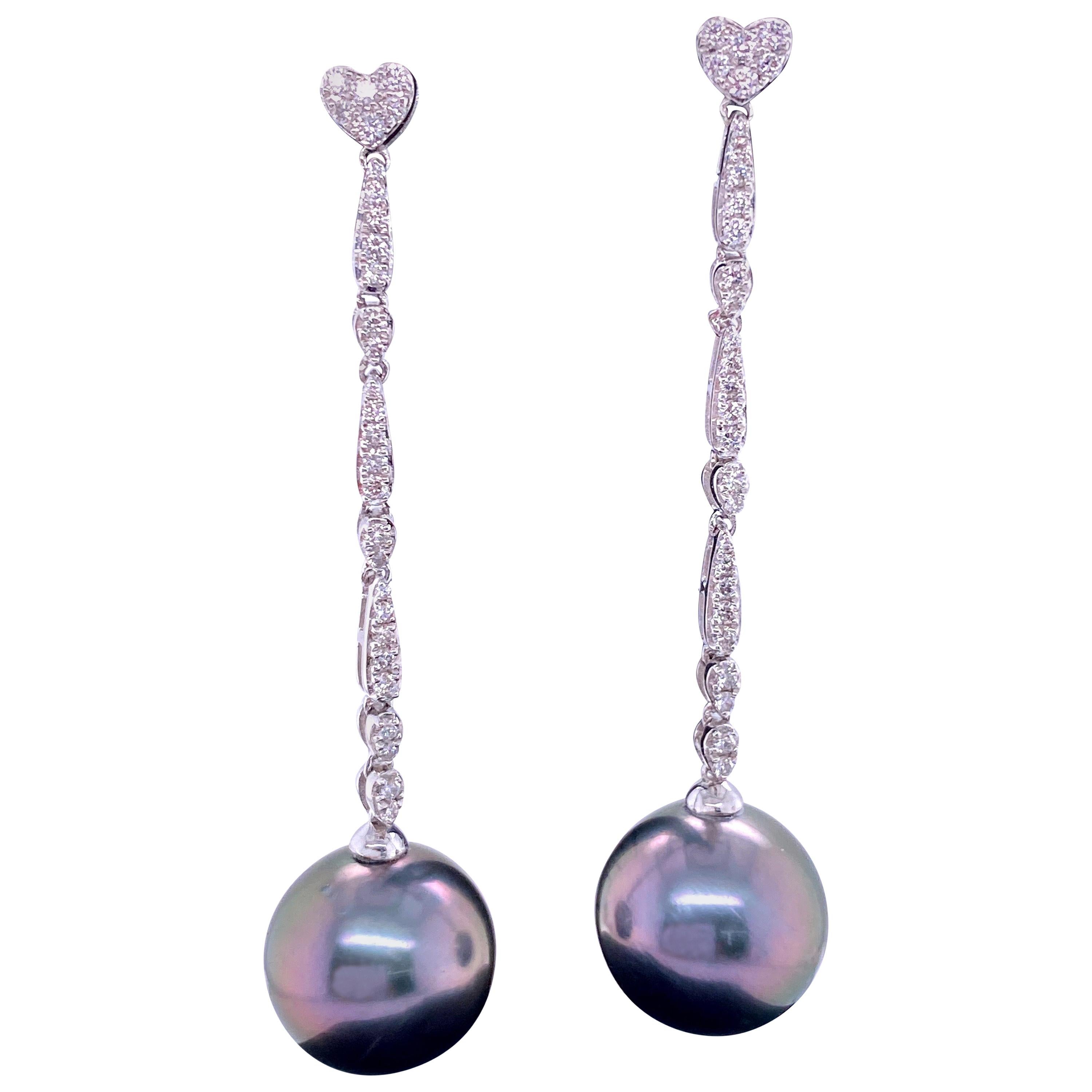 Tahitian Pearl Diamond Heart Drop Earrings 0.47 Carat 18 Karat White Gold For Sale