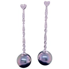 Tahitian Pearl Diamond Heart Drop Earrings 0.47 Carat 18 Karat White Gold