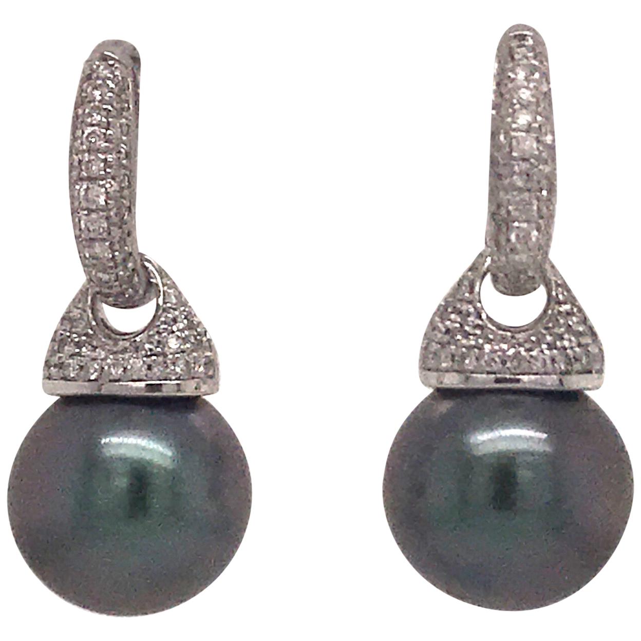 Tahitian Pearl Diamond Huggie Drop Earrings 0.44 Carat 14 Karat White Gold For Sale