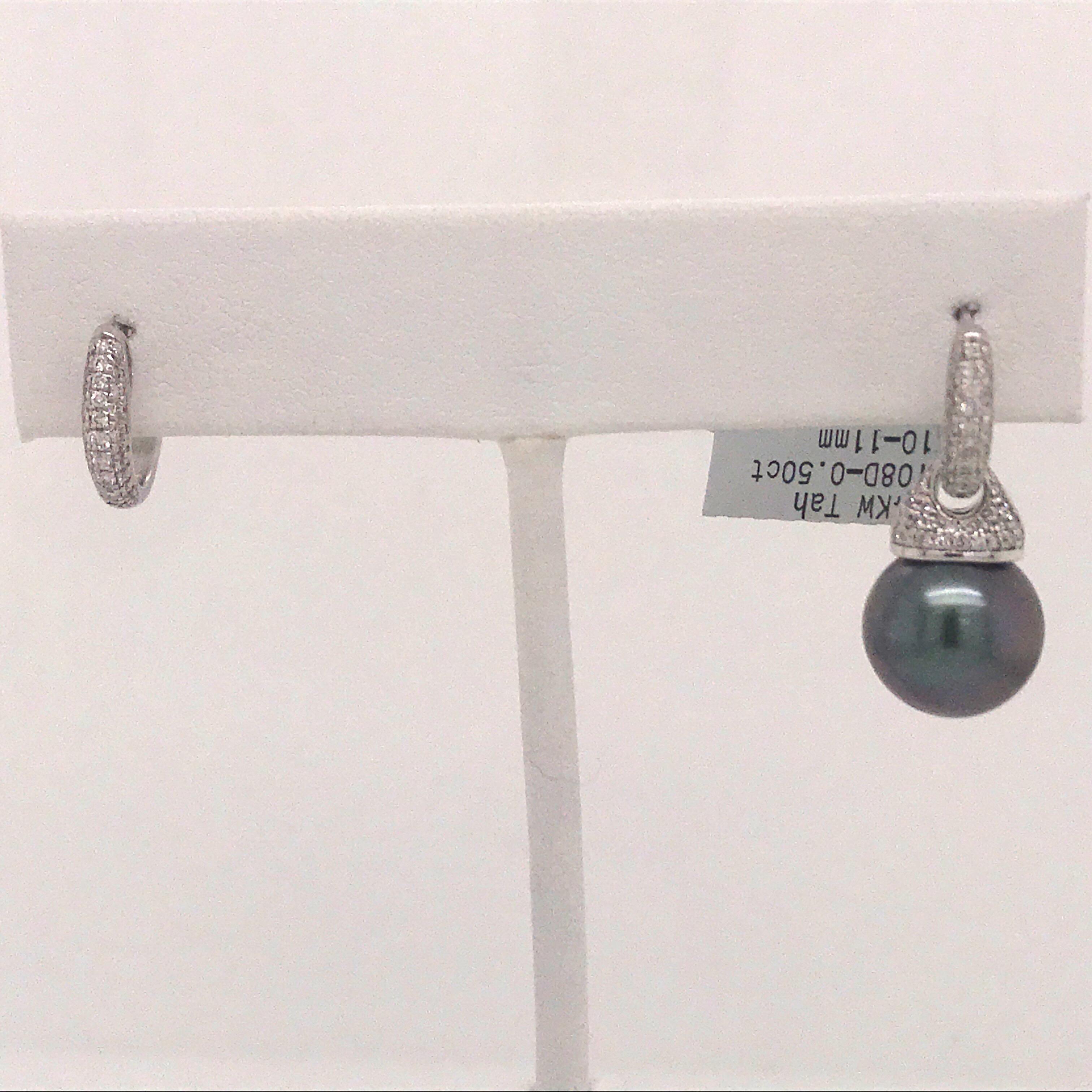 Taglio rotondo Orecchini a goccia con diamante e perla di Tahiti 0,44 carati in oro bianco 14 carati in vendita