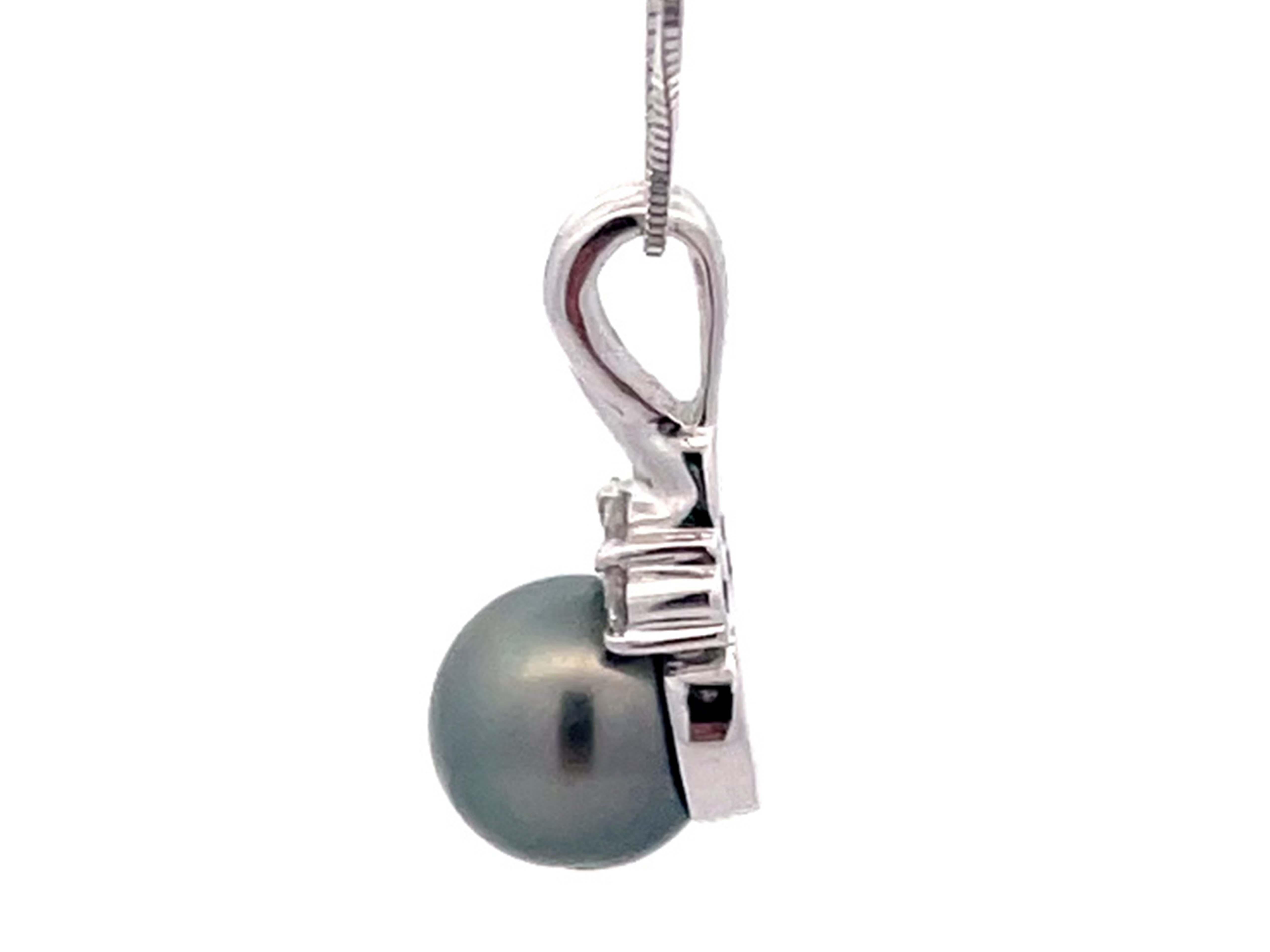 Women's Tahitian Pearl Diamond Pendant and Chain in 14k White Gold For Sale