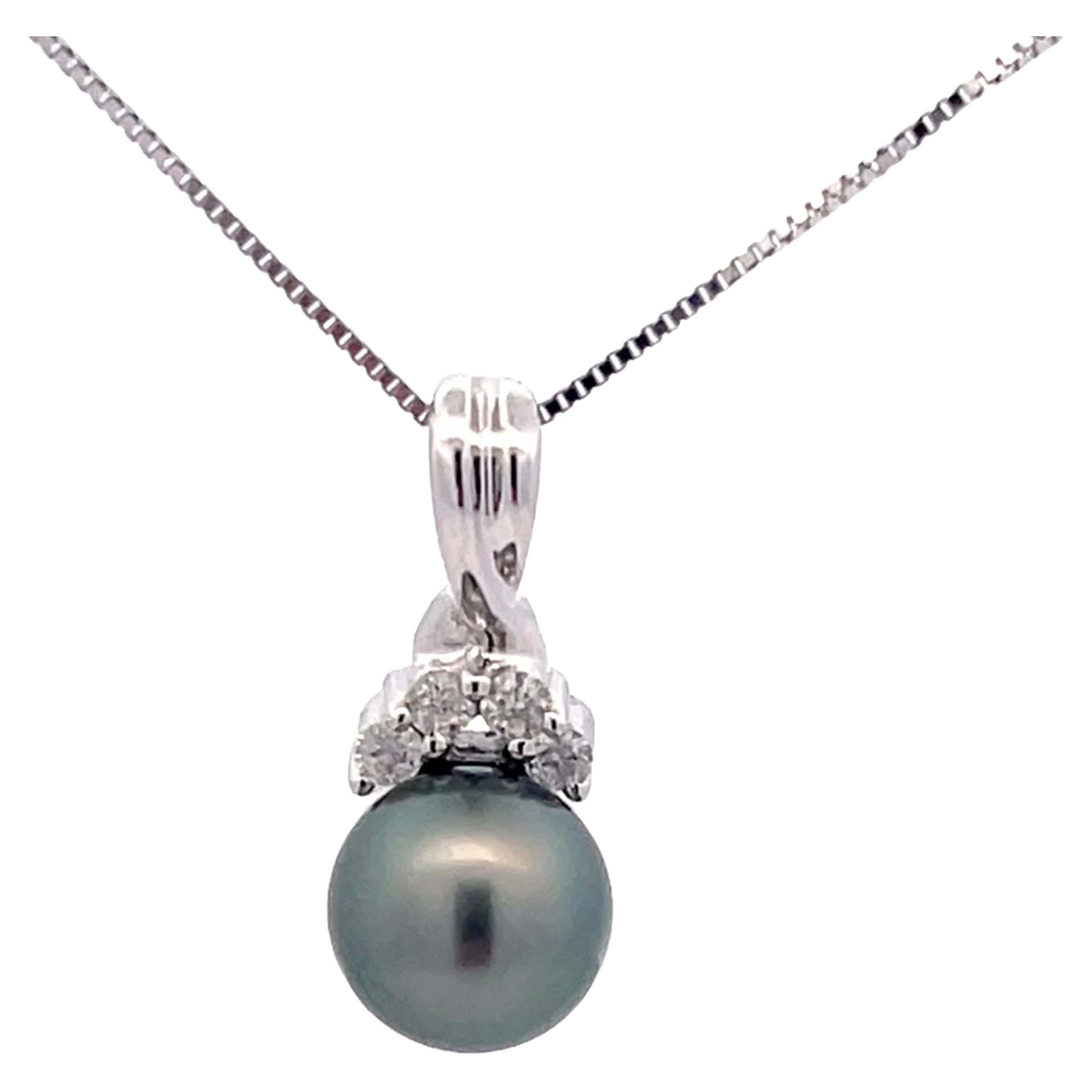 Tahitian Pearl Diamond Pendant and Chain in 14k White Gold For Sale