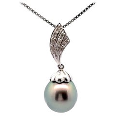 Tahitian Pearl Diamond Pendant Necklace 14k and 18k White Gold