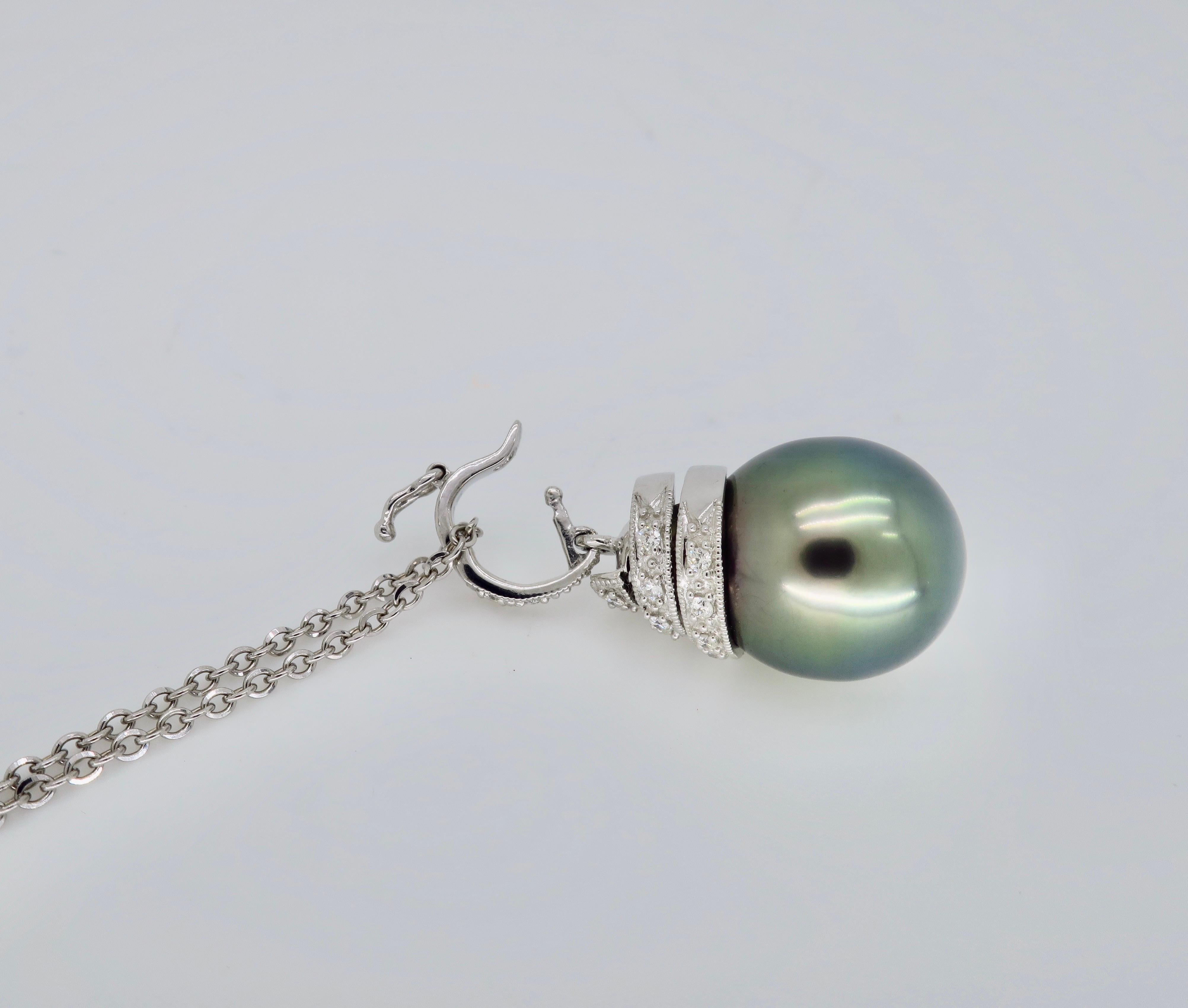 Women's or Men's Tahitian Pearl and Diamond Pendant Necklace in 18 Karat White Gold