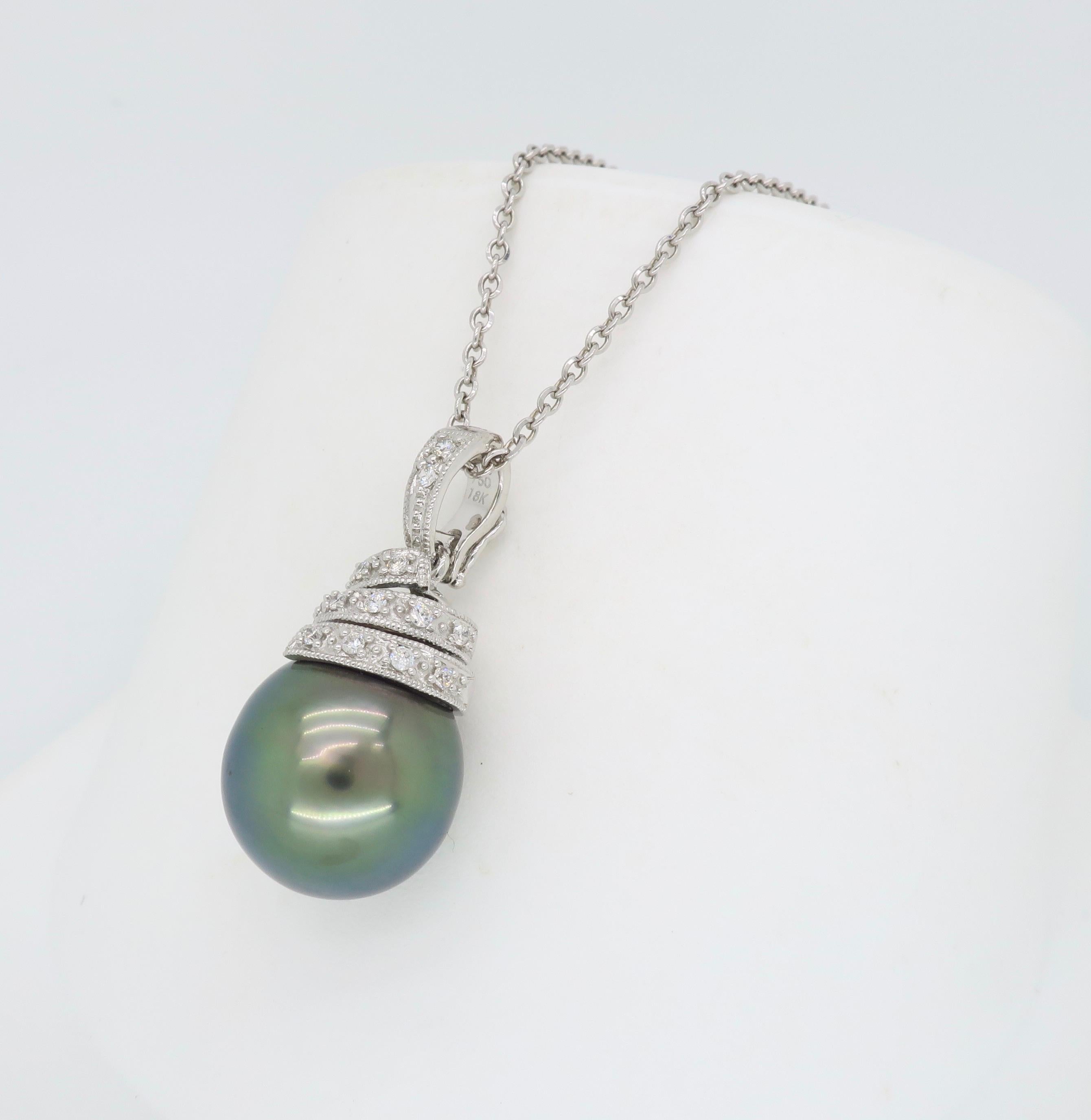 Tahitian Pearl and Diamond Pendant Necklace in 18 Karat White Gold 1