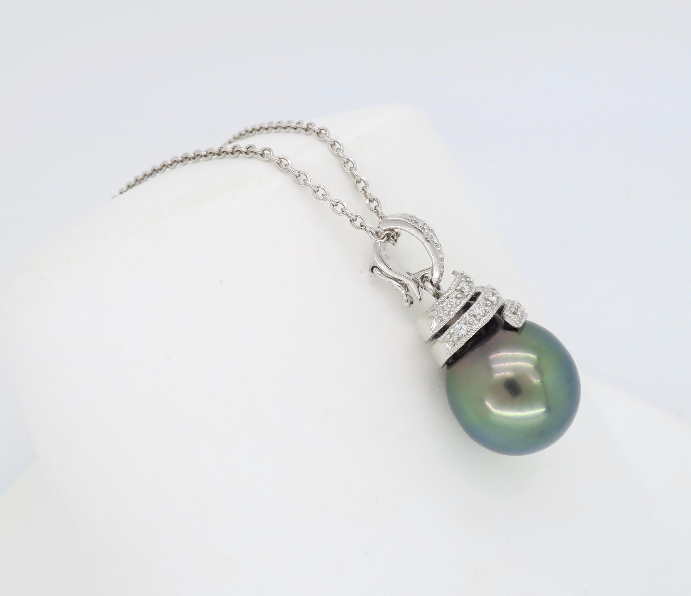 Tahitian Pearl and Diamond Pendant Necklace in 18 Karat White Gold 2