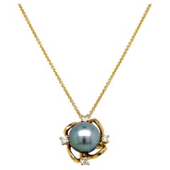 Tahitian Pearl & Diamond Pendant Necklace in 18K Yellow Gold