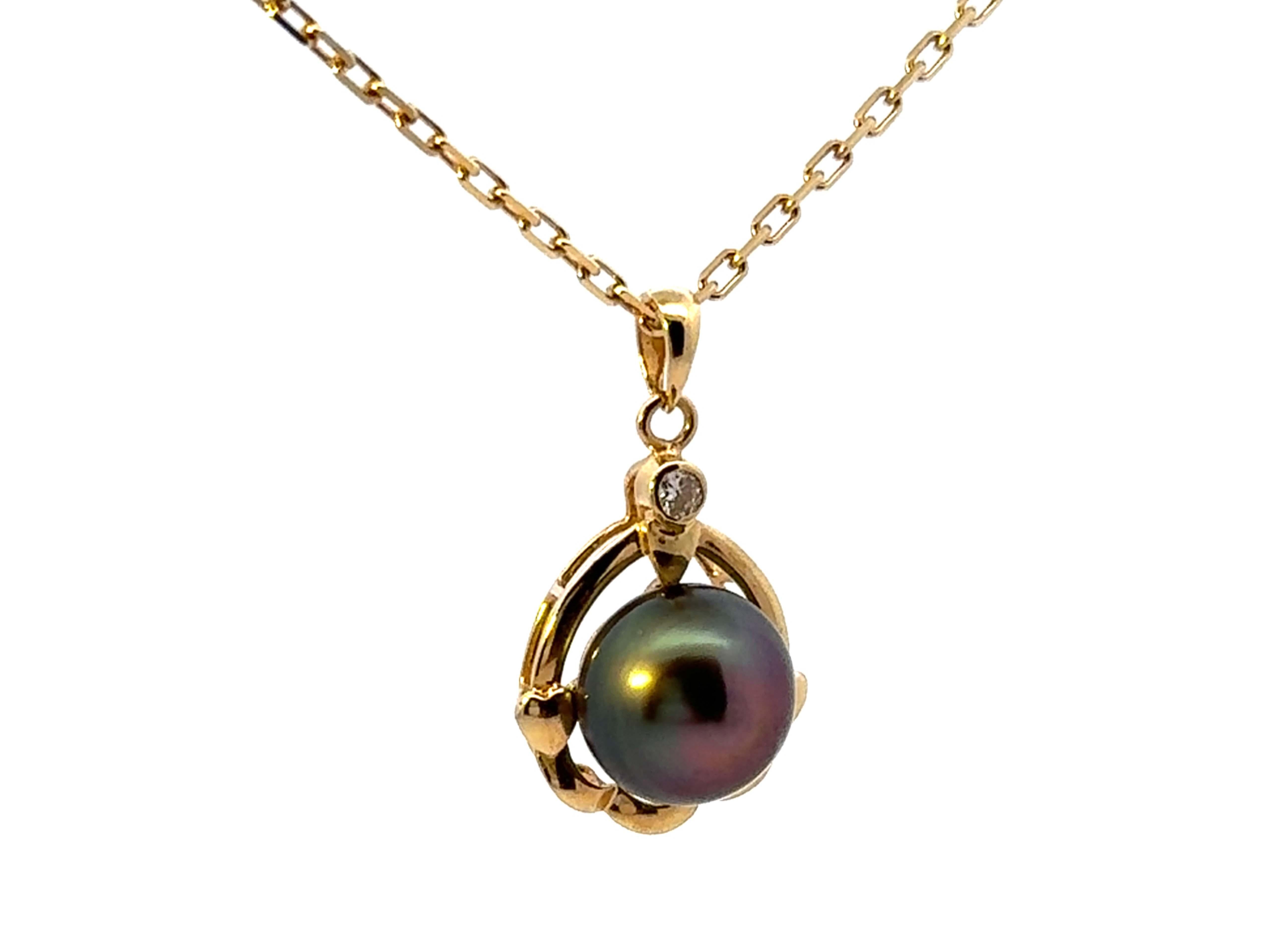 Taille brillant Collier pendentif perle de Tahiti diamant or jaune 14k massif en vente