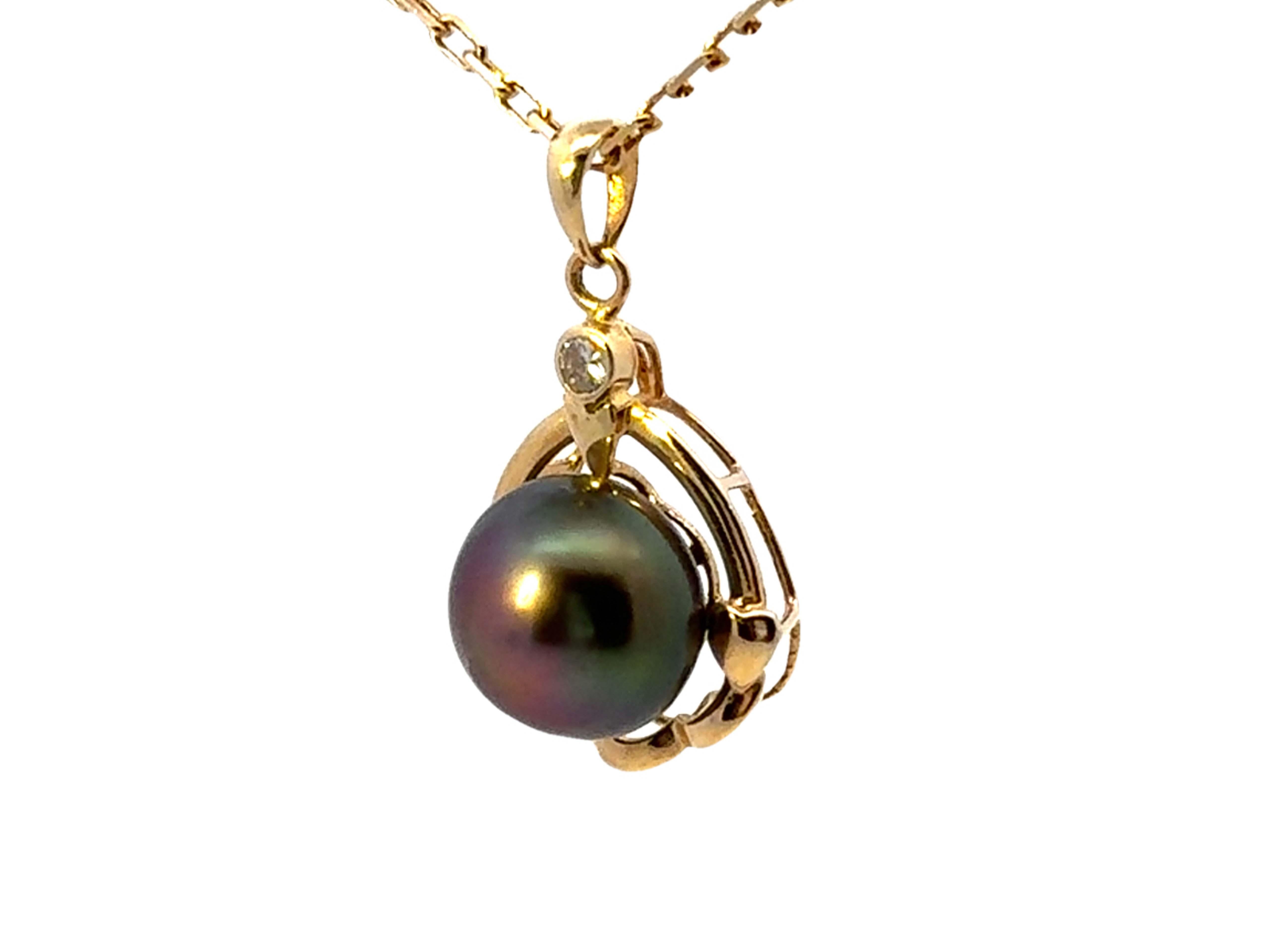 Collier pendentif perle de Tahiti diamant or jaune 14k massif Excellent état - En vente à Honolulu, HI
