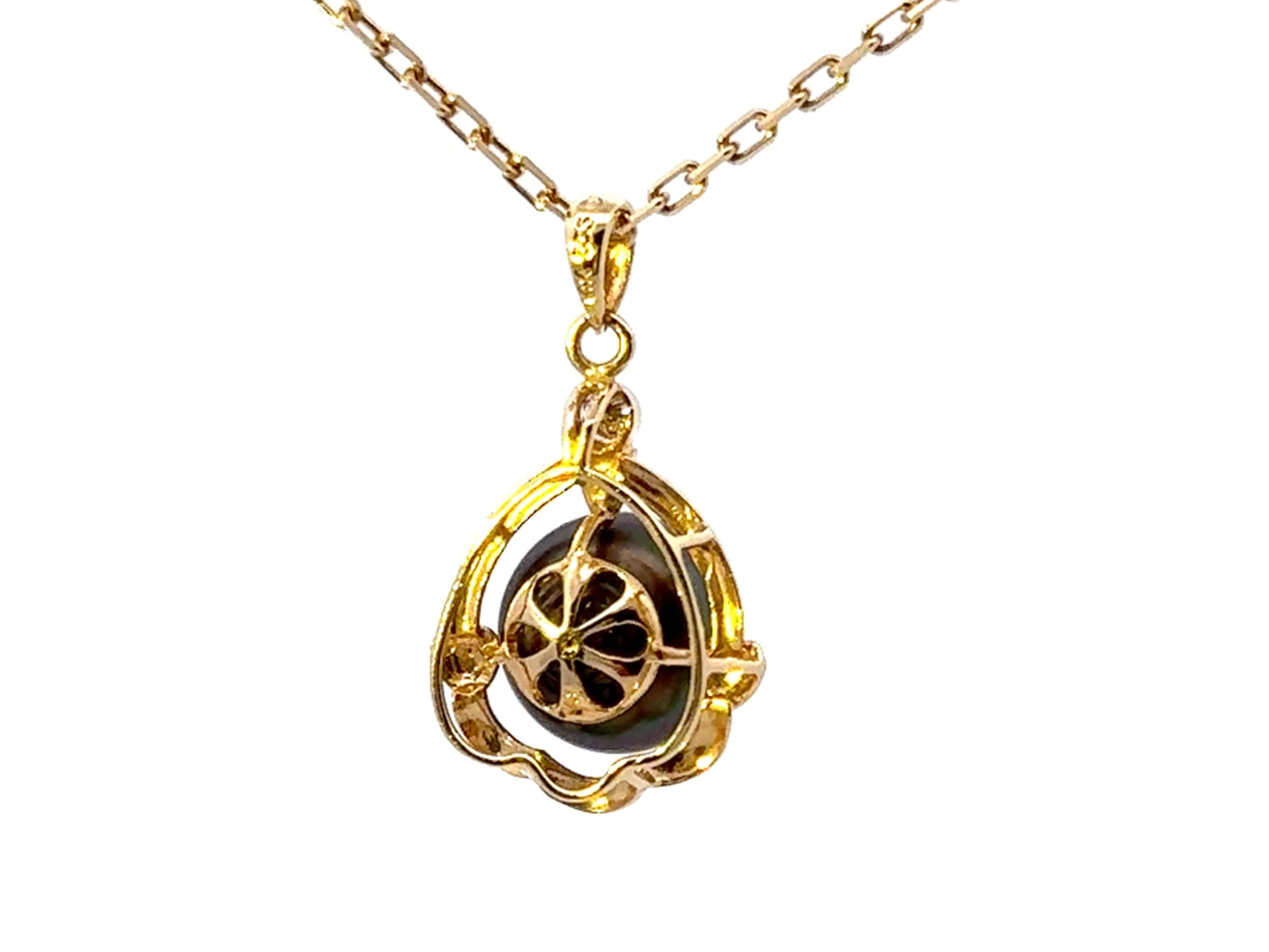 Collier pendentif perle de Tahiti diamant or jaune 14k massif en vente 2