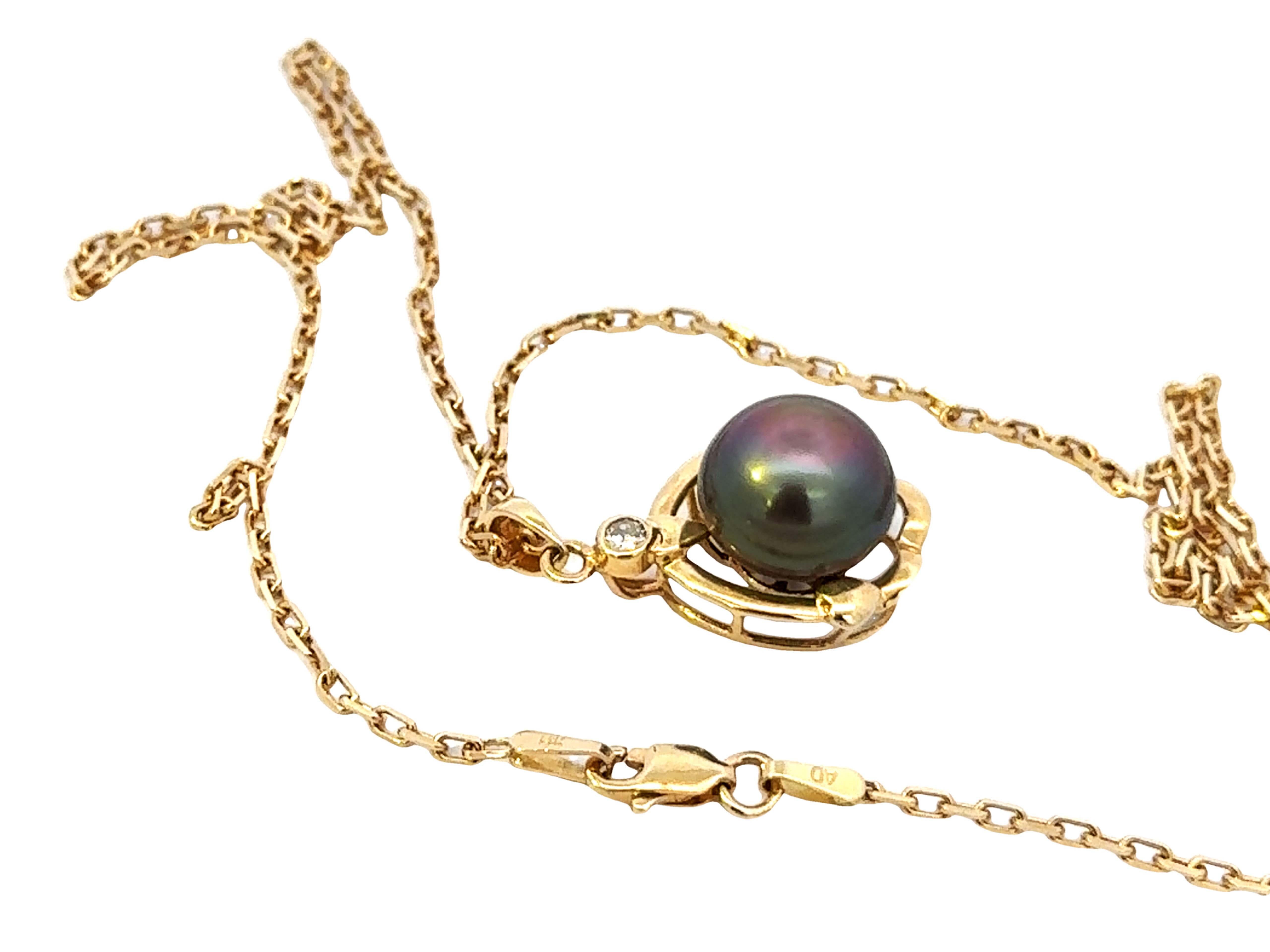 Collier pendentif perle de Tahiti diamant or jaune 14k massif en vente 3