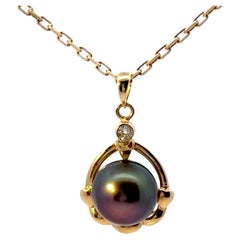 Tahitian Pearl Diamond Pendant Necklace Solid 14k Yellow Gold
