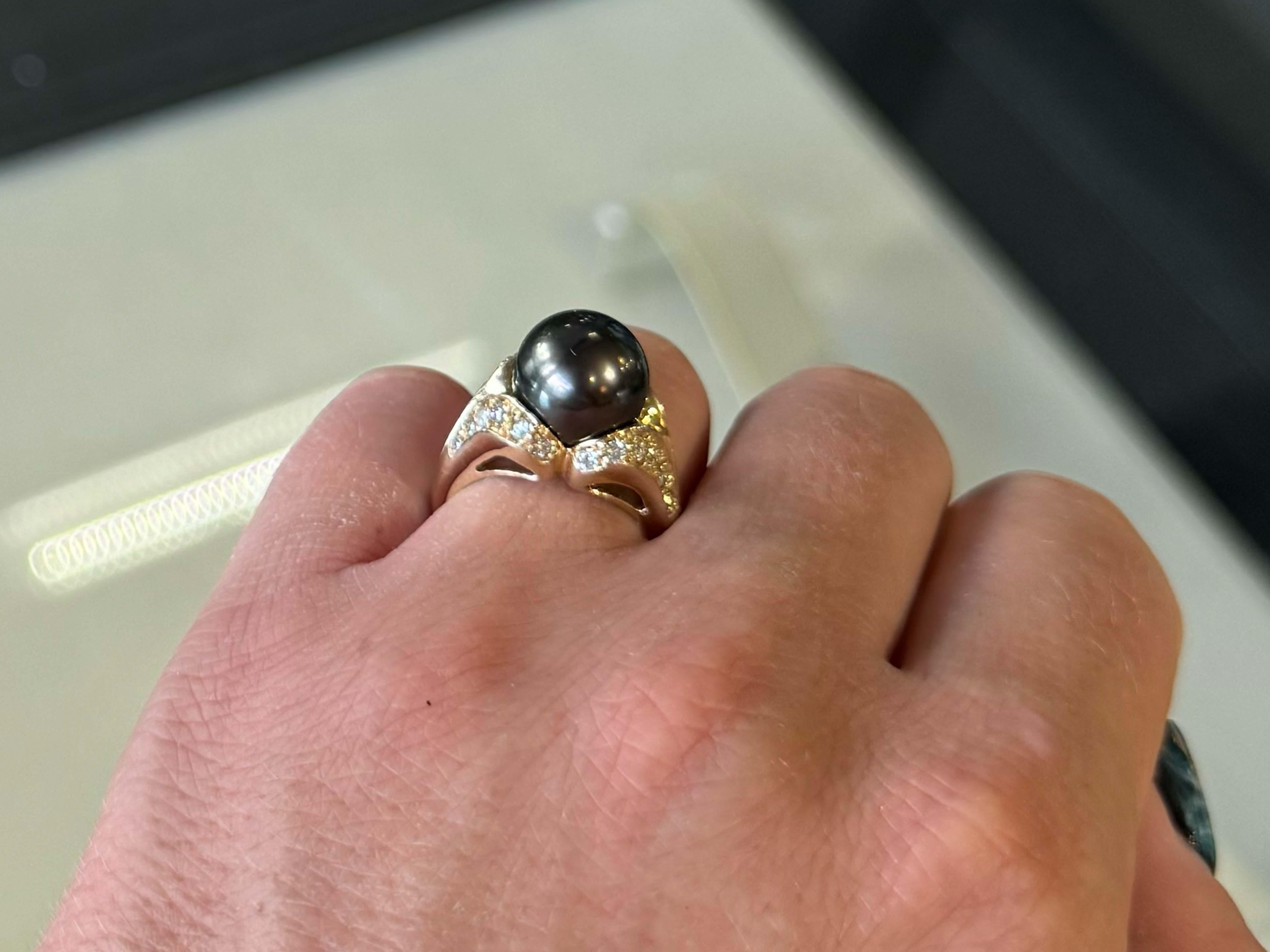 Modern Tahitian Pearl Diamond Ring 14K Yellow Gold For Sale