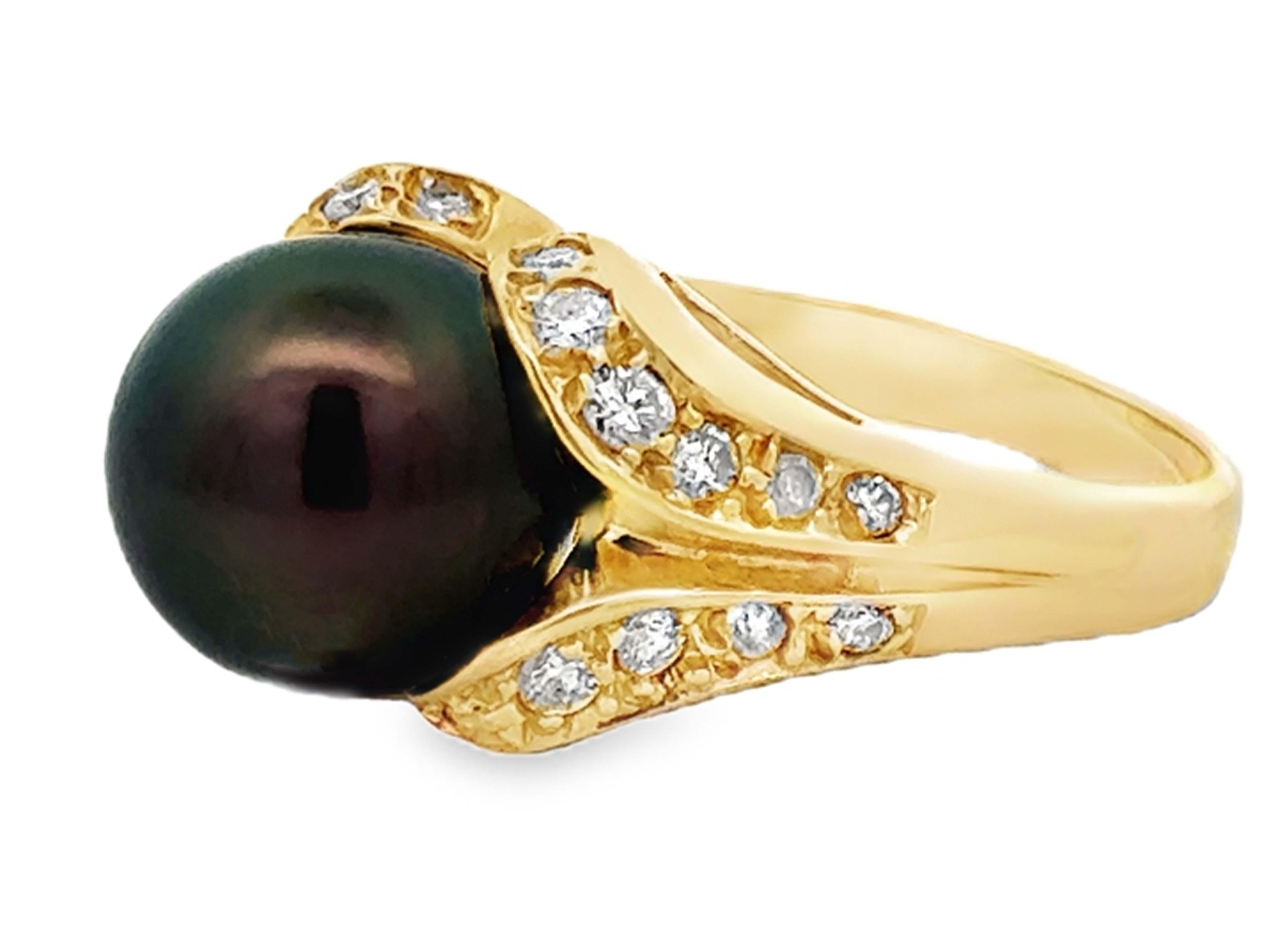 Tahitian Pearl Diamond Ring 14K Yellow Gold In Excellent Condition For Sale In Honolulu, HI
