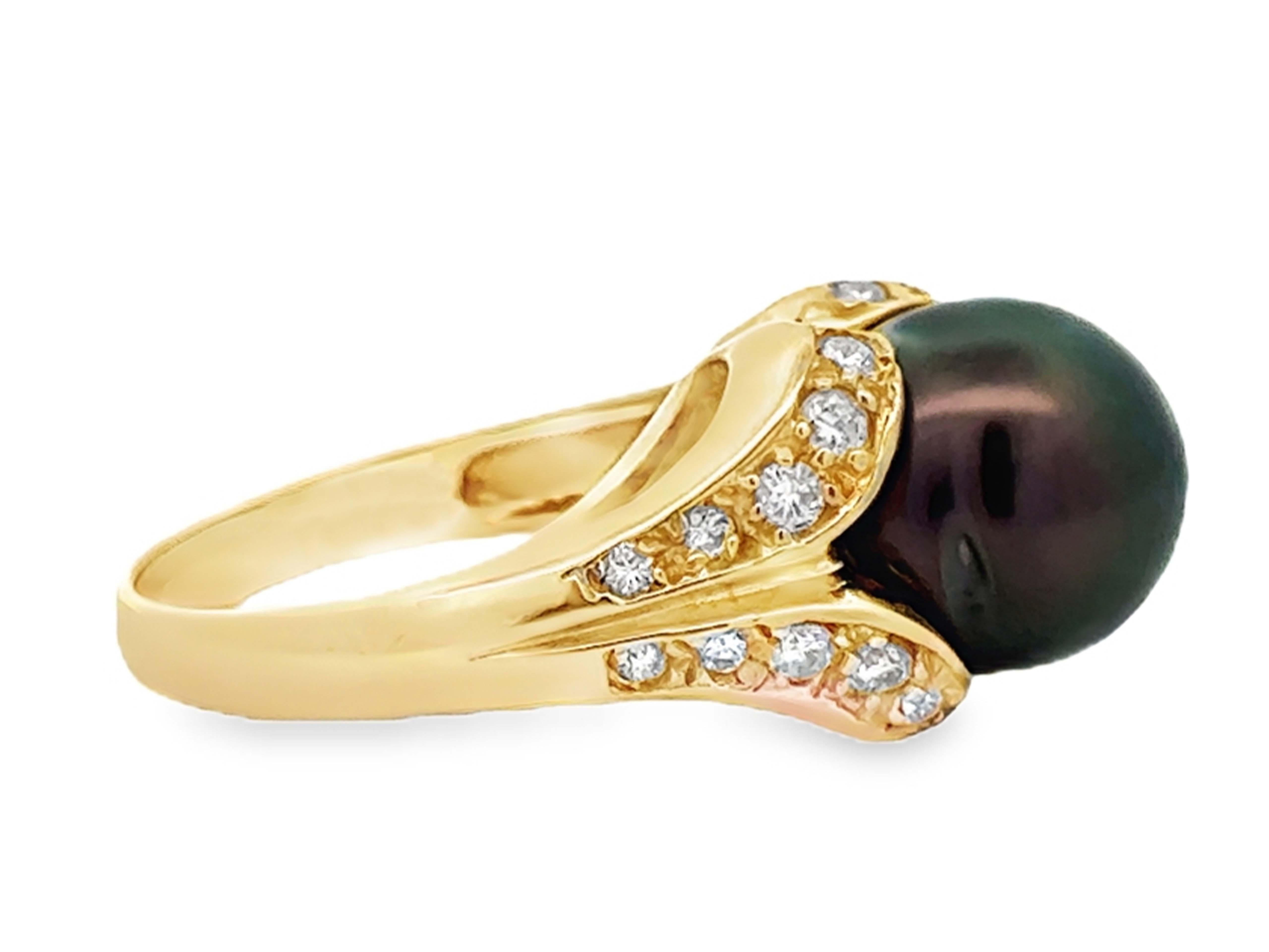 Women's Tahitian Pearl Diamond Ring 14K Yellow Gold For Sale