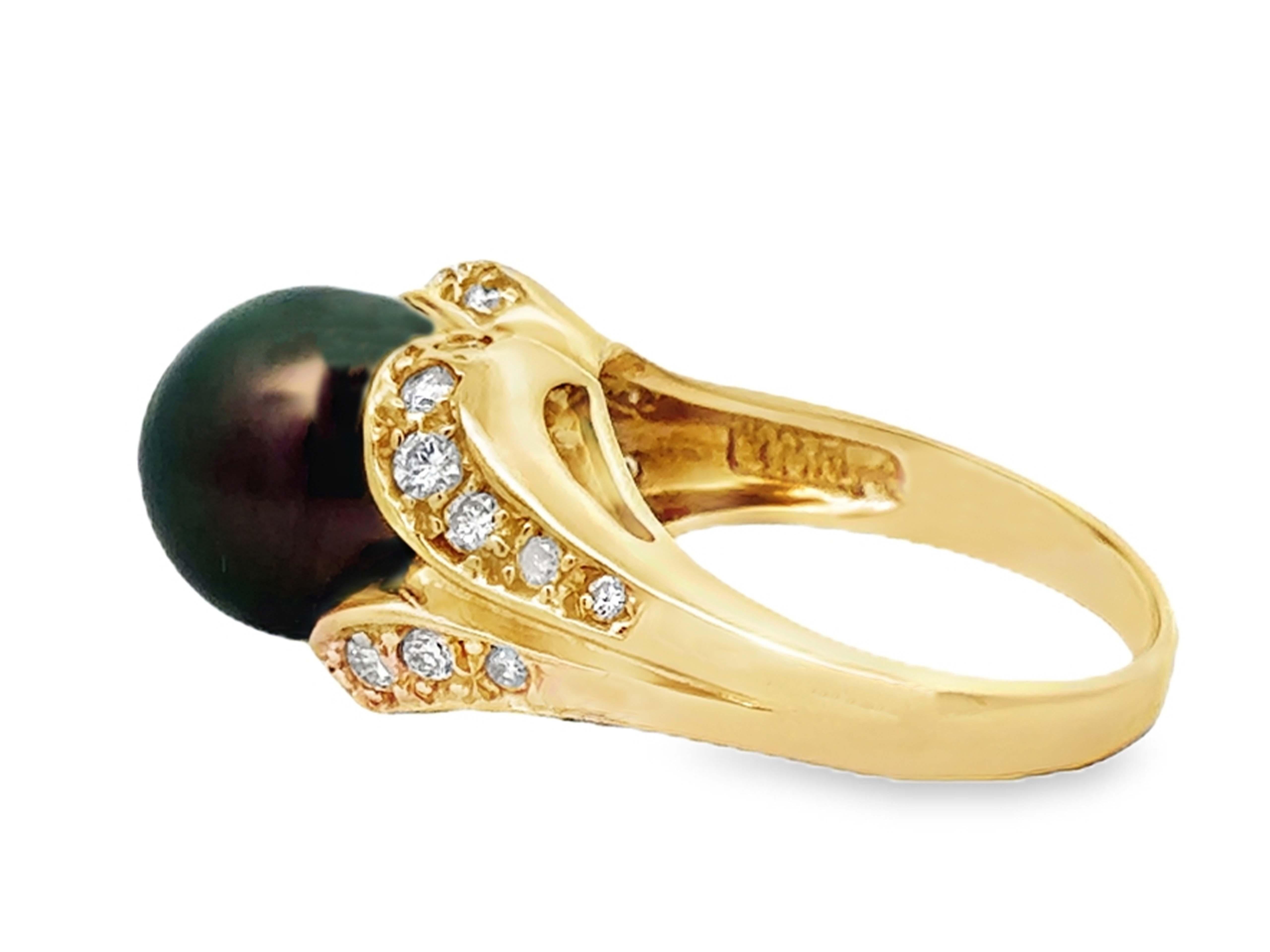 Tahitian Pearl Diamond Ring 14K Yellow Gold For Sale 1