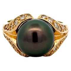Tahitian Pearl Diamond Ring 14K Yellow Gold