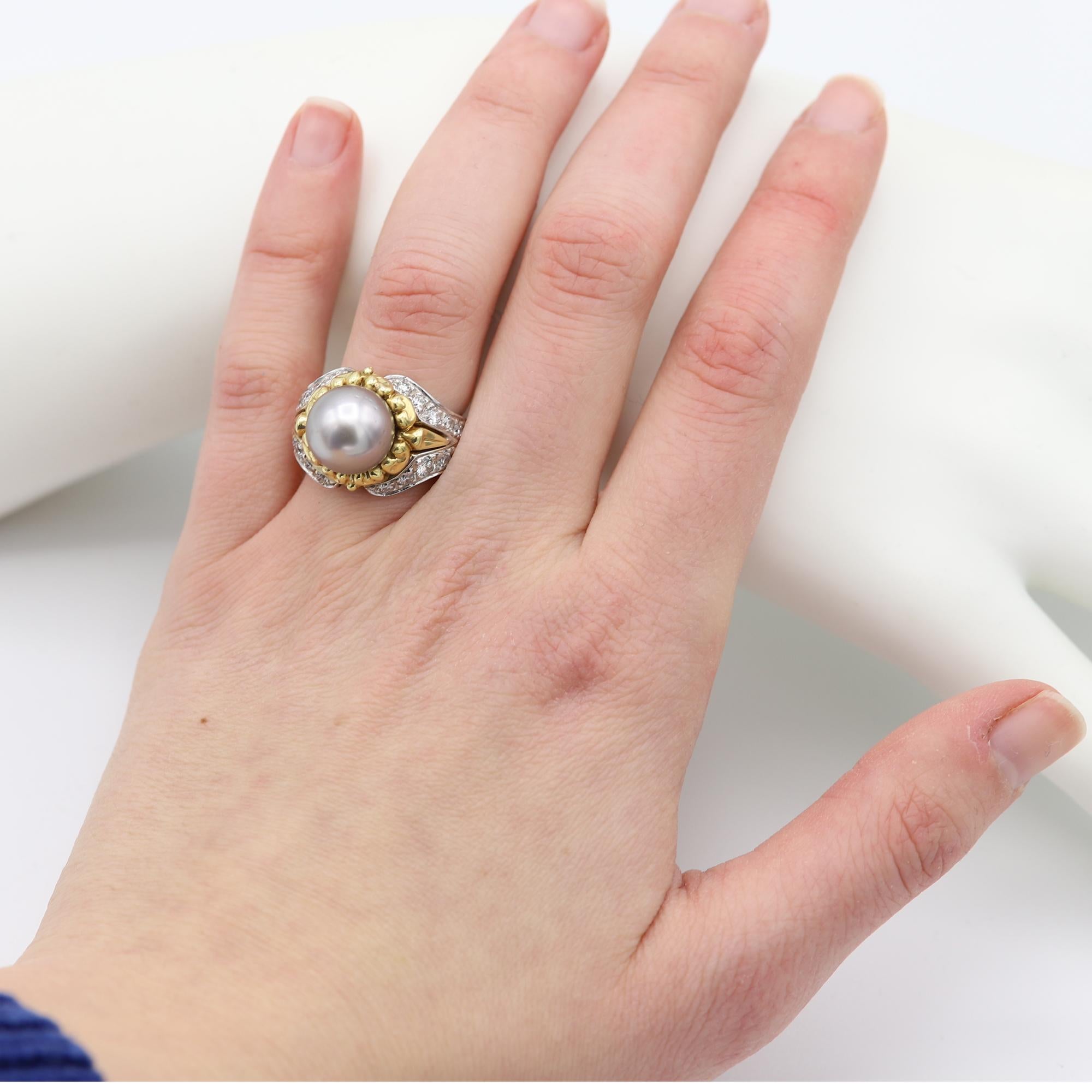 Tahitian Pearl & Diamond Ring 18 Karat Gold Tahitian Pearl Ring Two Tone Gold For Sale 5