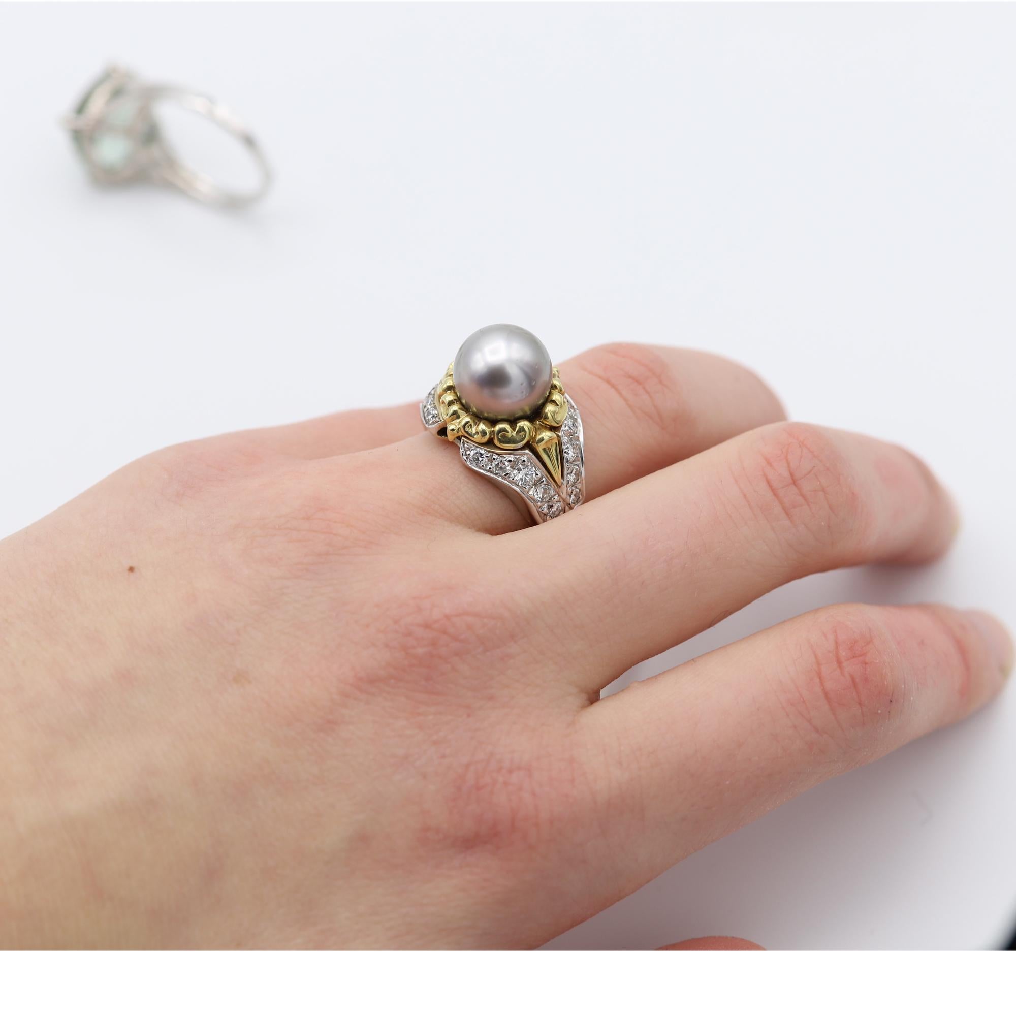 Tahitian Pearl & Diamond Ring 18 Karat Gold Tahitian Pearl Ring Two Tone Gold For Sale 6