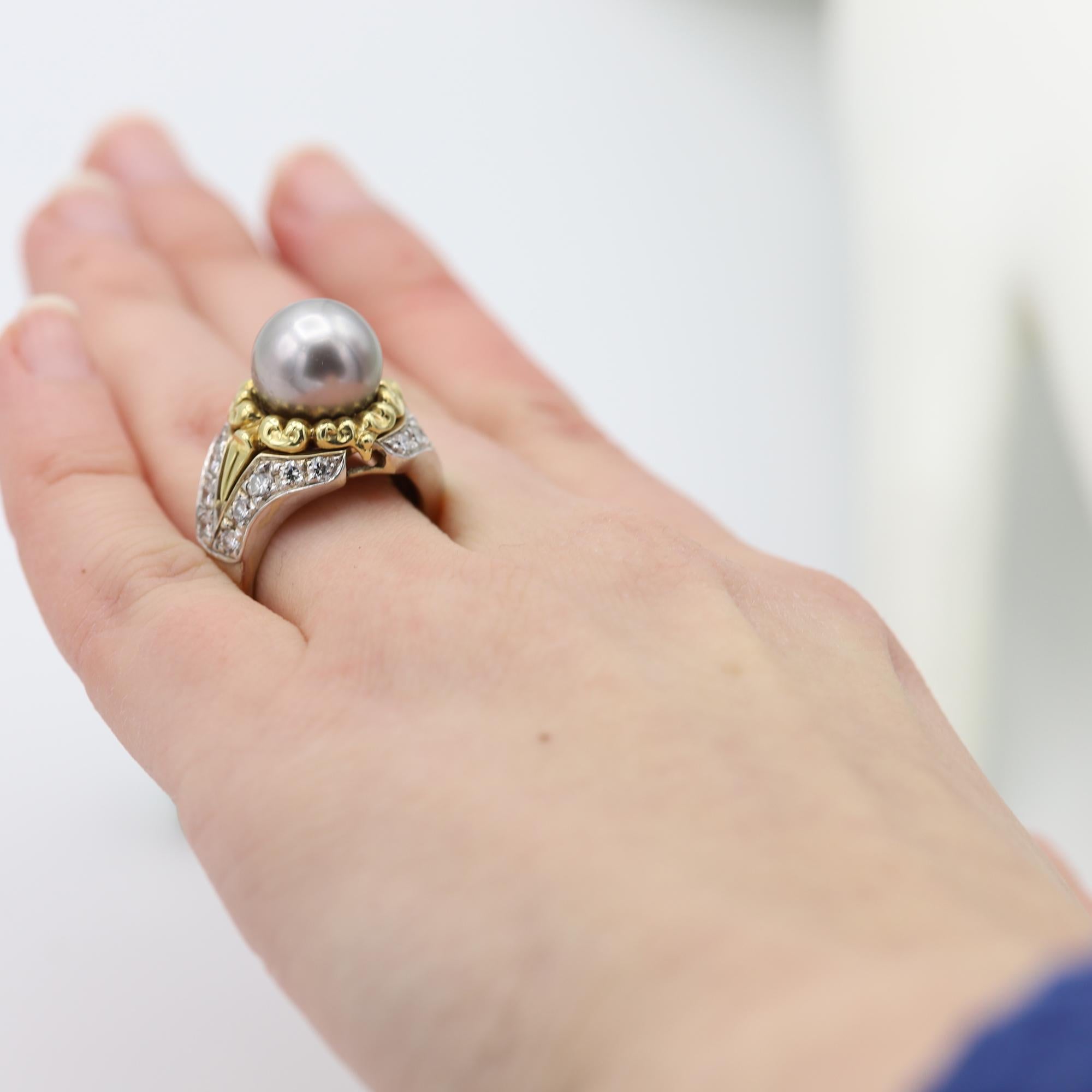 Tahitian Pearl & Diamond Ring 18 Karat Gold Tahitian Pearl Ring Two Tone Gold For Sale 7