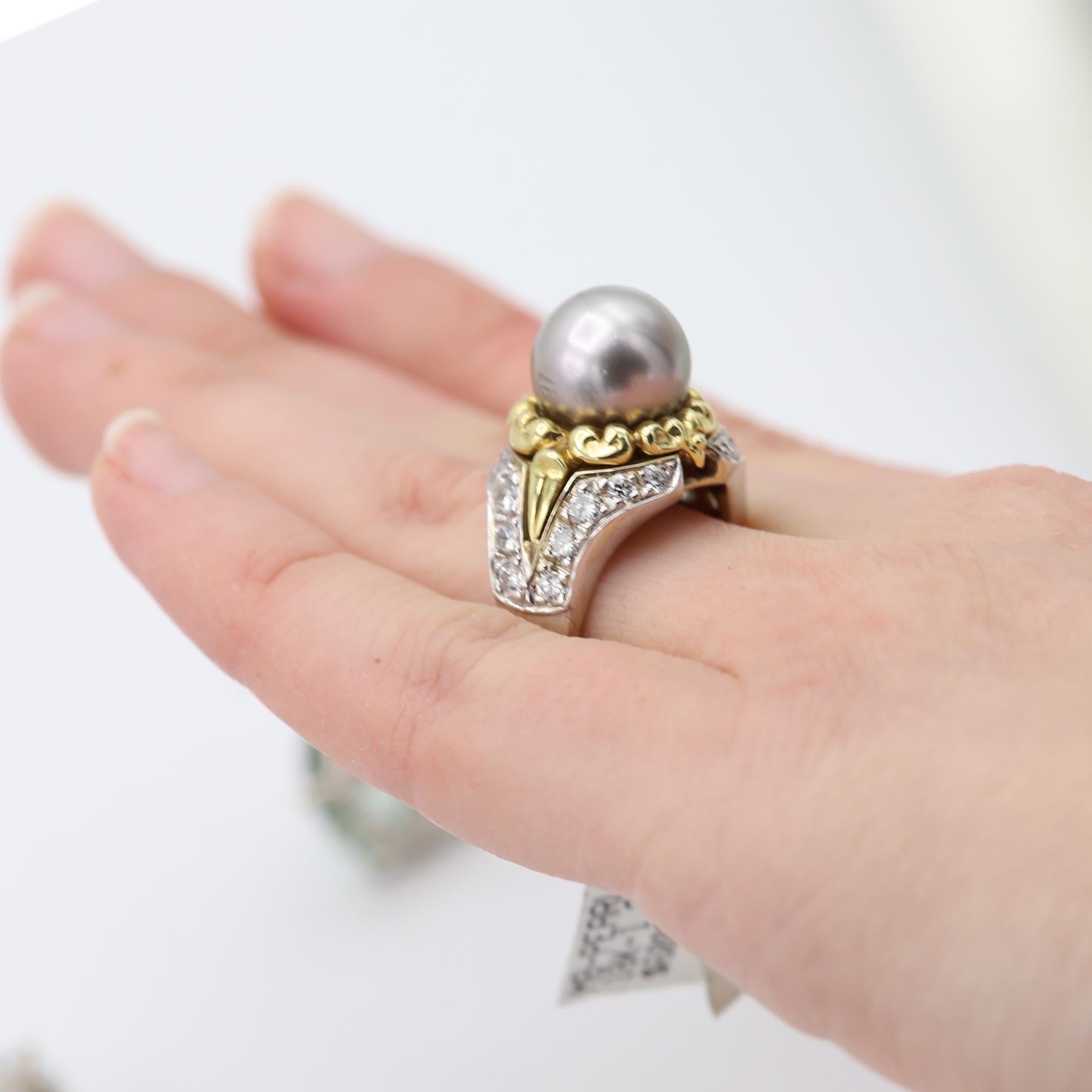 Tahitian Pearl & Diamond Ring 18 Karat Gold Tahitian Pearl Ring Two Tone Gold For Sale 8