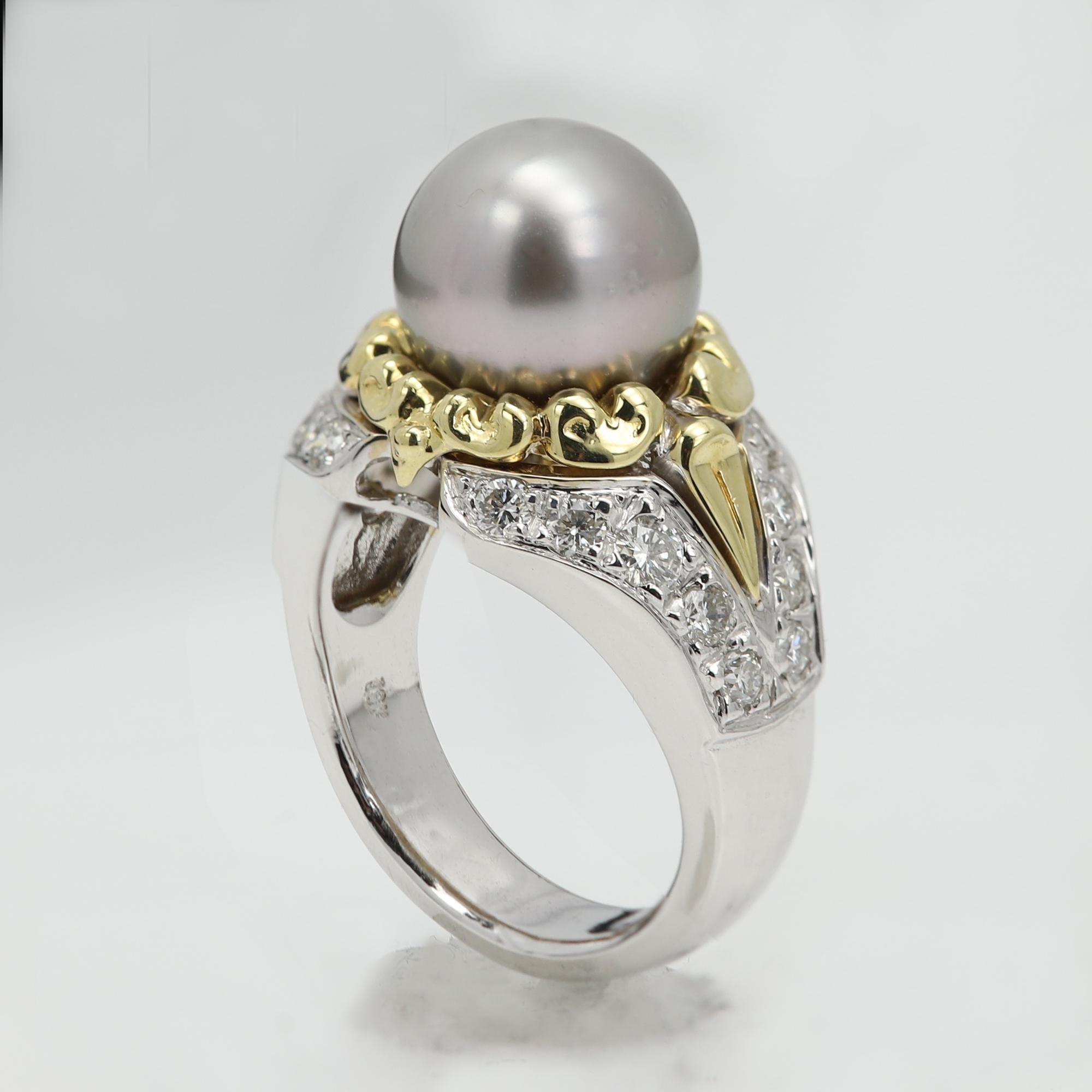 Tahitian Pearl & Diamond Ring 18 Karat Gold Tahitian Pearl Ring Two Tone Gold For Sale 9