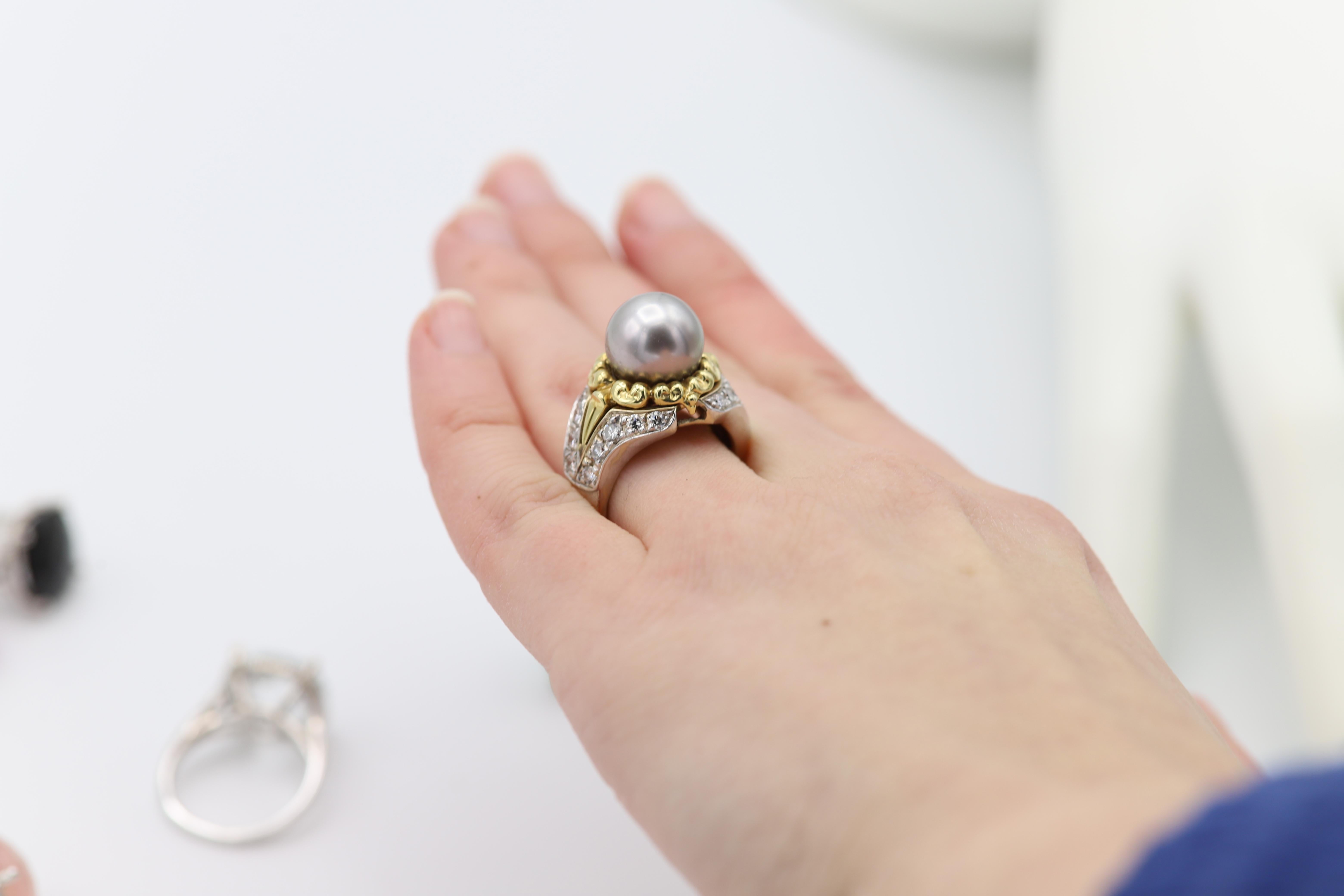 Women's Tahitian Pearl & Diamond Ring 18 Karat Gold Tahitian Pearl Ring Two Tone Gold For Sale