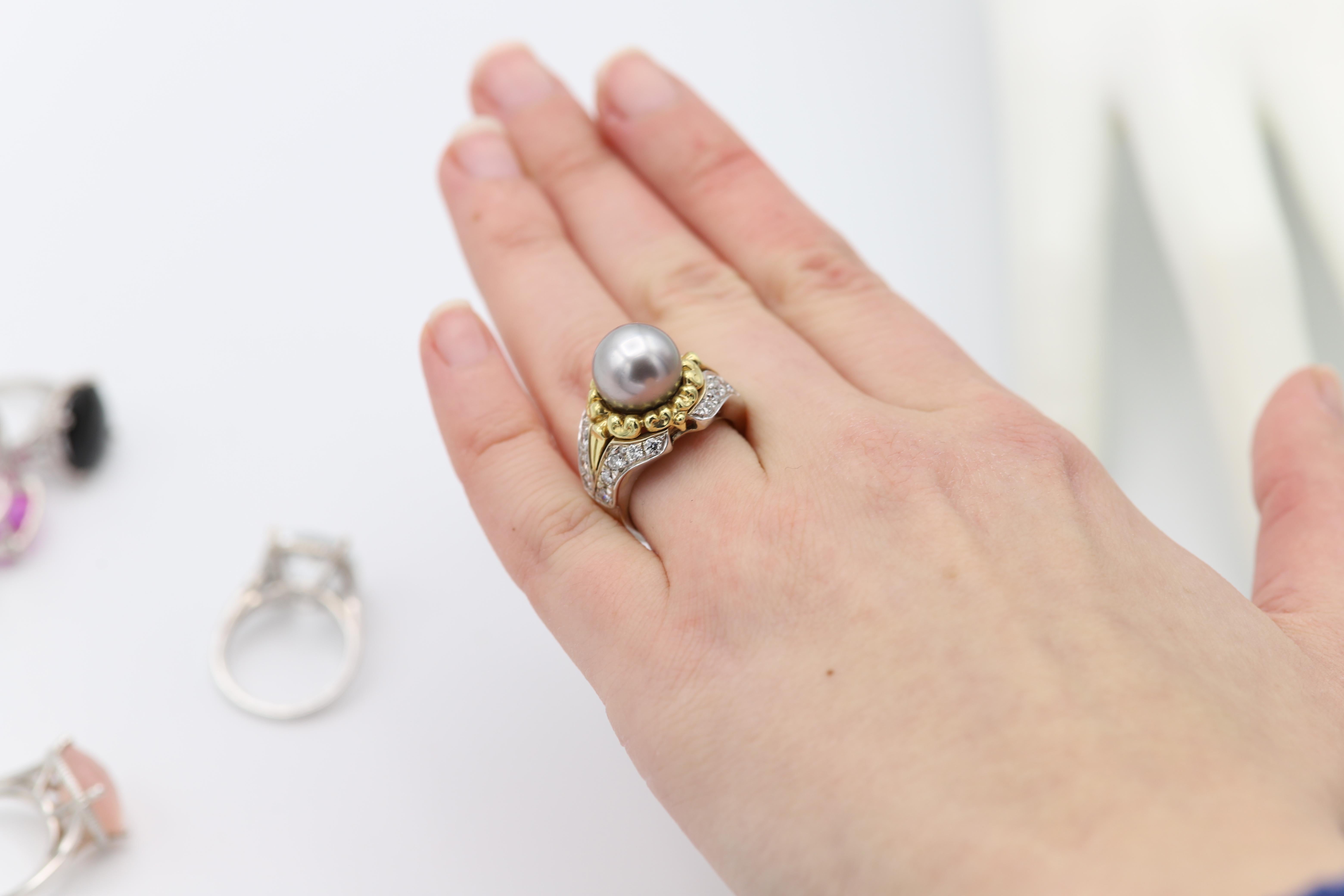Tahitian Pearl & Diamond Ring 18 Karat Gold Tahitian Pearl Ring Two Tone Gold For Sale 1