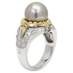 Tahitian Pearl & Diamond Ring 18 Karat Gold Tahitian Pearl Ring Two Tone Gold