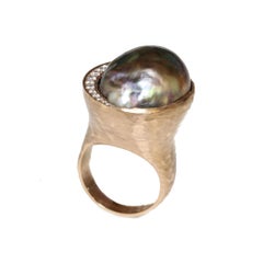 Tahitian Pearl & Diamond Ring 22.5 x 17mm Peacock  Rose Gold Handmade Hammered