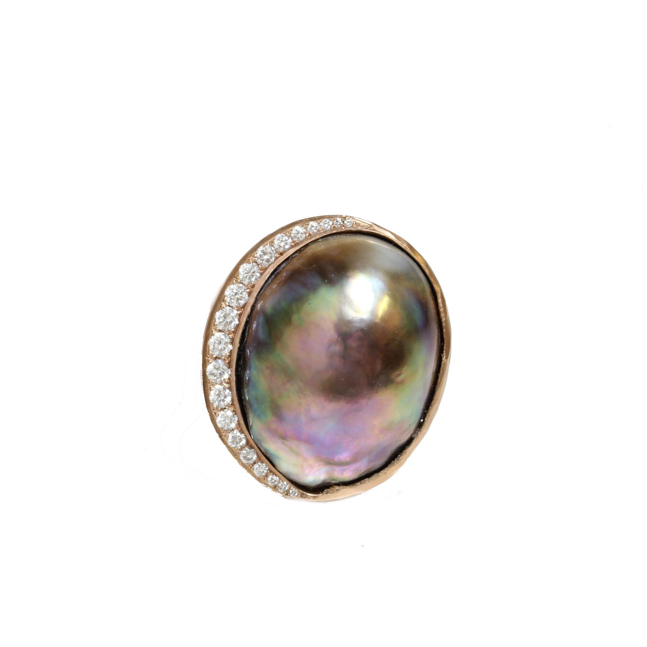Baroque Tahitian Pearl & Diamond Ring 22.5 x 17mm Peacock  Rose Gold Handmade Hammered  For Sale