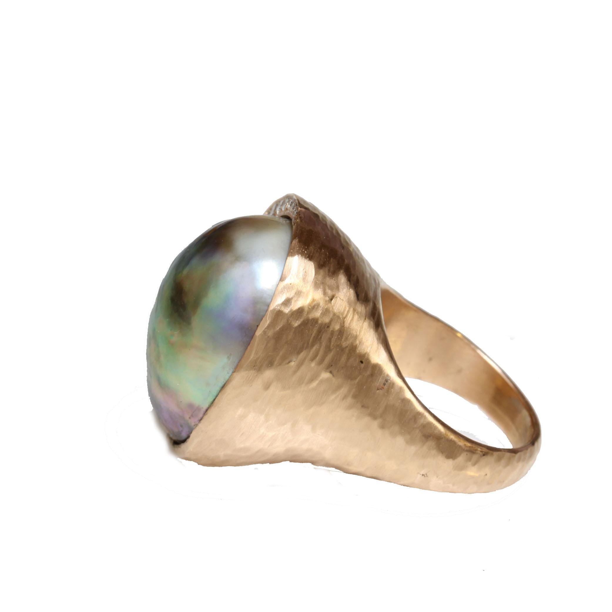 Round Cut Tahitian Pearl & Diamond Ring 22.5 x 17mm Peacock  Rose Gold Handmade Hammered  For Sale