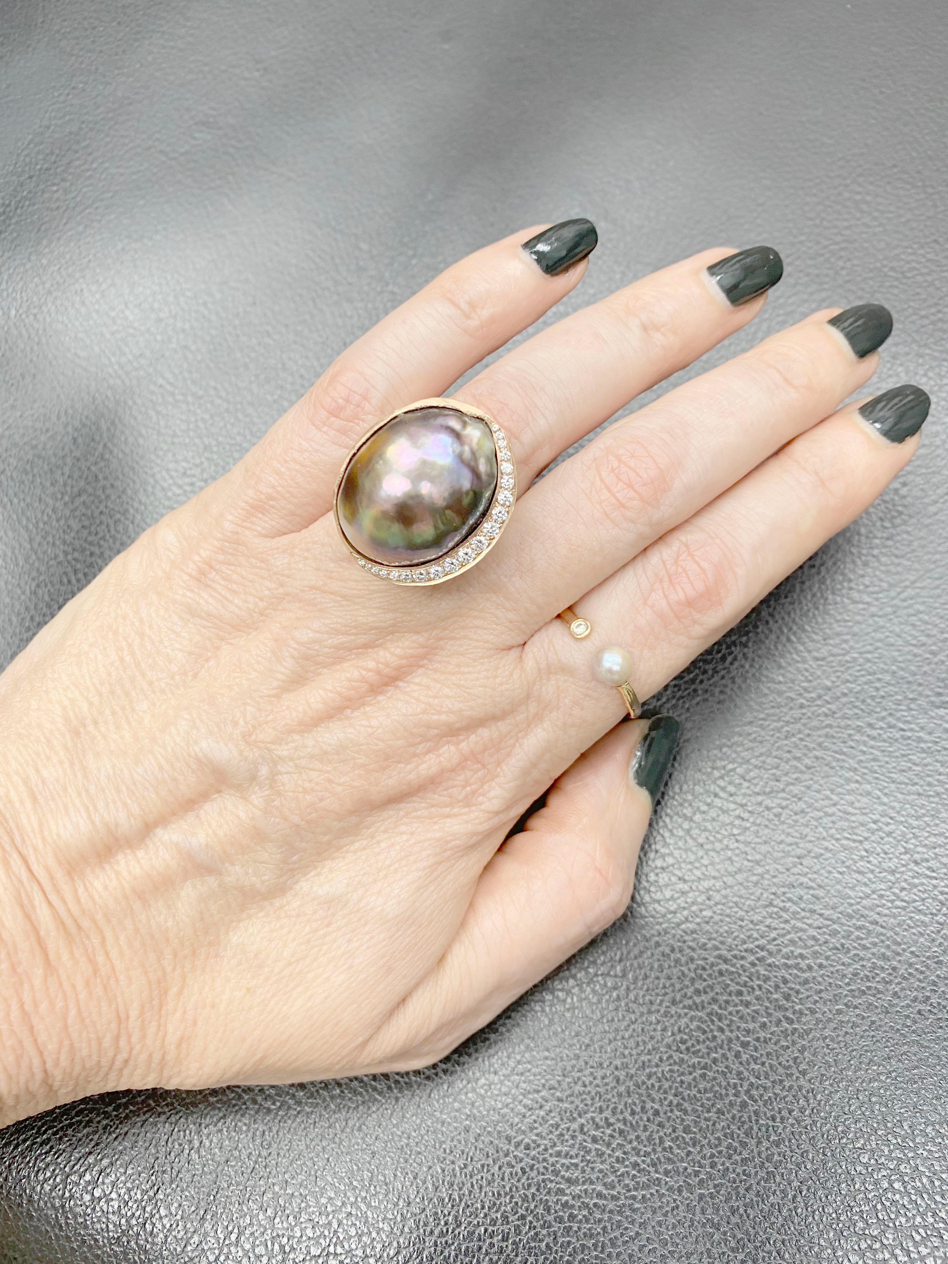 Women's or Men's Tahitian Pearl & Diamond Ring 22.5 x 17mm Peacock  Rose Gold Handmade Hammered  For Sale