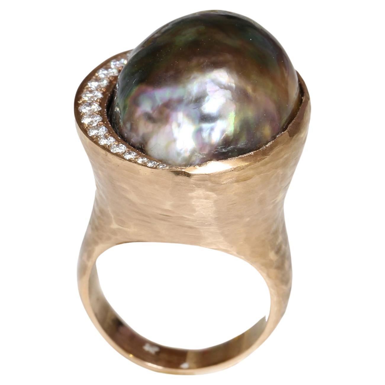 Tahitian Pearl & Diamond Ring 22.5 x 17mm Peacock  Rose Gold Handmade Hammered  For Sale