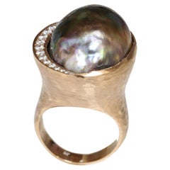 Tahitian Pearl & Diamond Ring 22.5 x 17mm Peacock  Rose Gold Handmade Hammered 